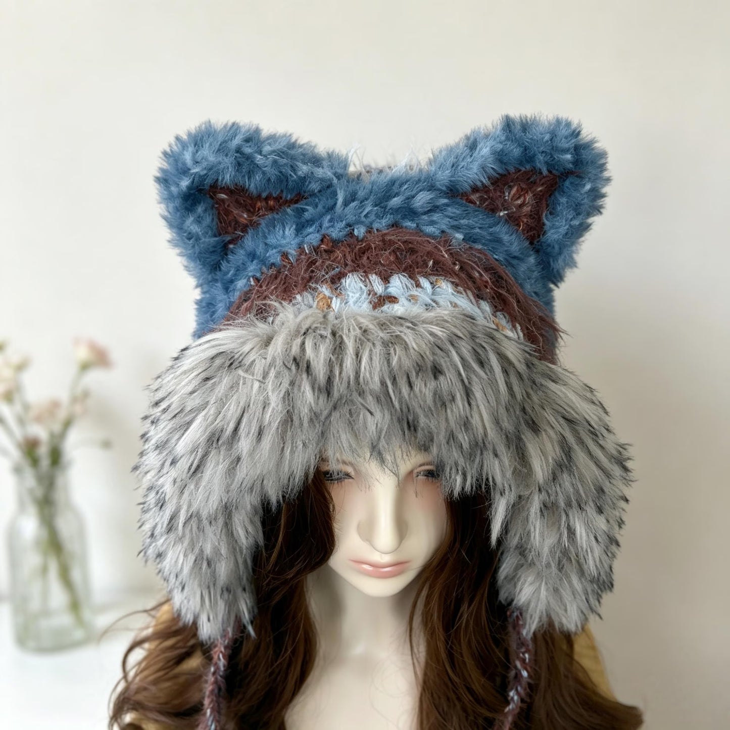 Handmade Knit Fox Ear Trapper Hat | Fluffy Faux Fur Animal Ear Beanie with Braided Tassels