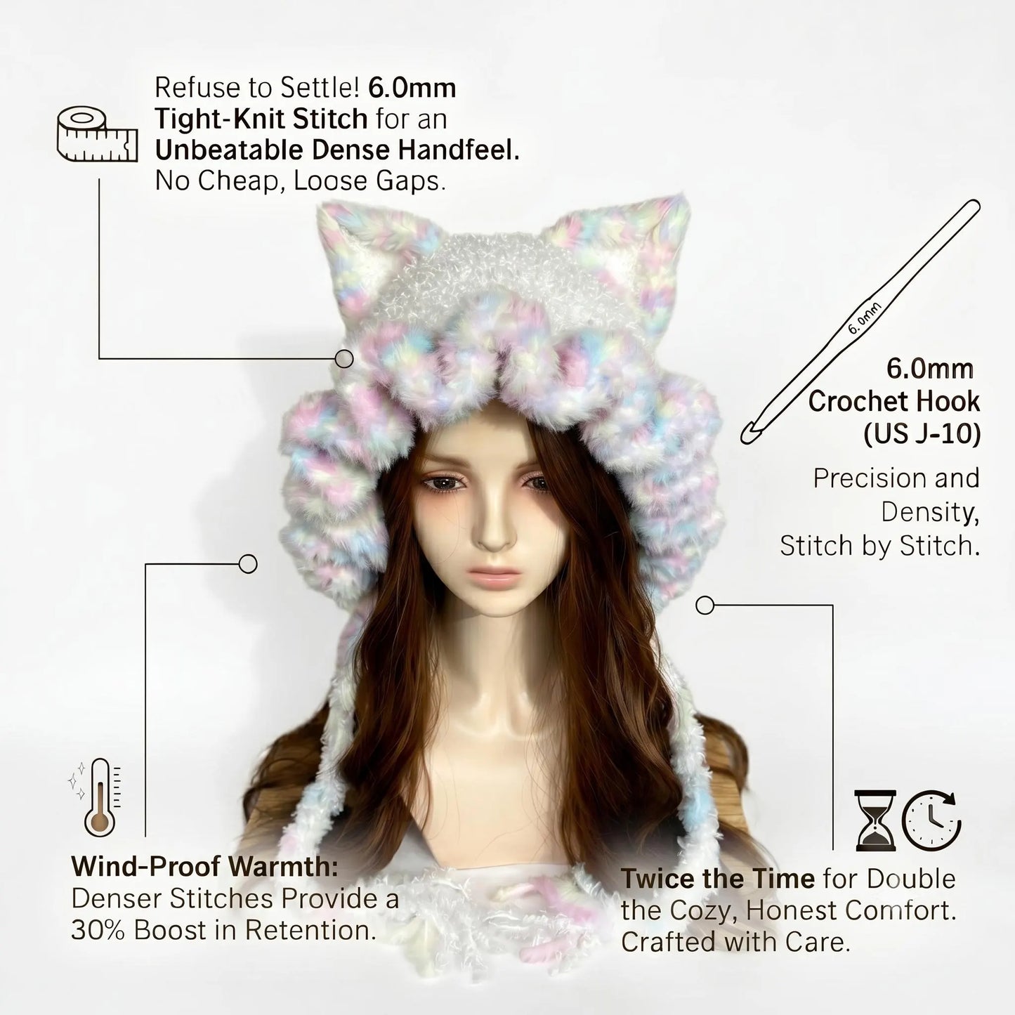 Handmade Pastel Rainbow Cat Ear Ruffle Hat
