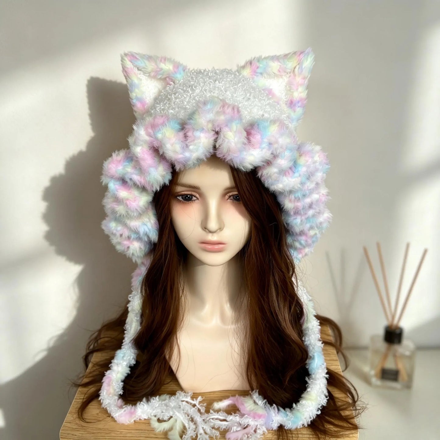 Handmade Pastel Rainbow Cat Ear Ruffle Hat
