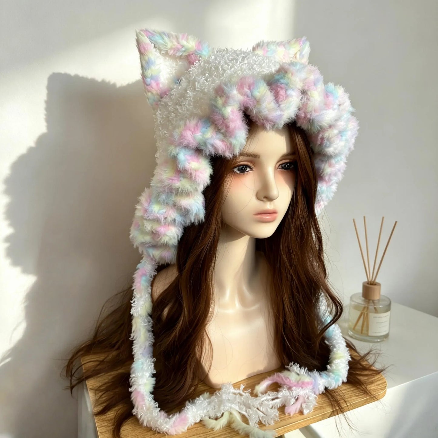 Handmade Pastel Rainbow Cat Ear Ruffle Hat