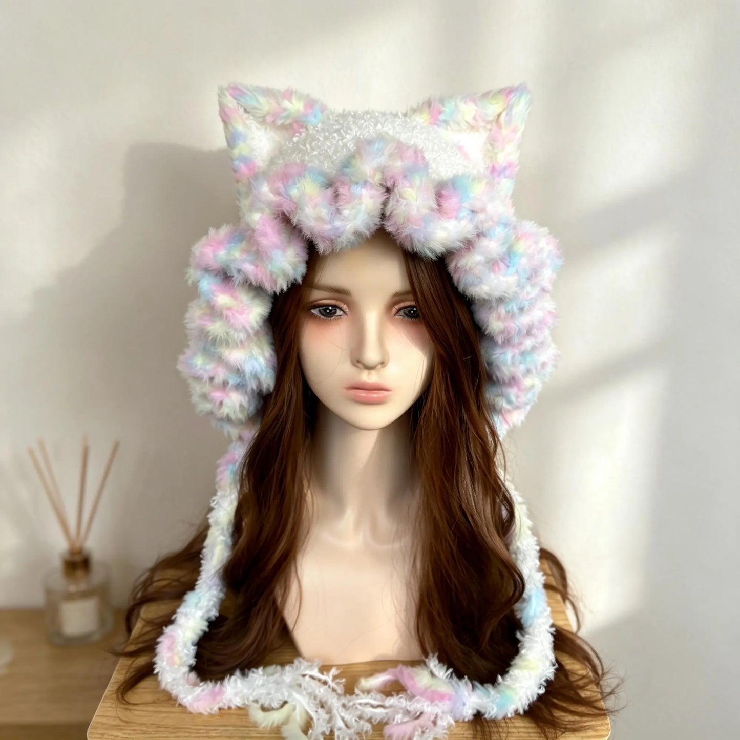 Handmade Pastel Rainbow Cat Ear Ruffle Hat