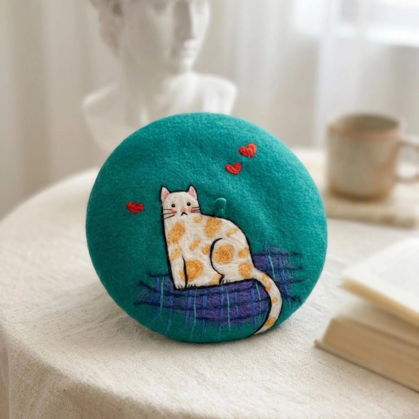 Handmade Needle Felted Wool French Beret | Cute Calico Cat Winter Hat