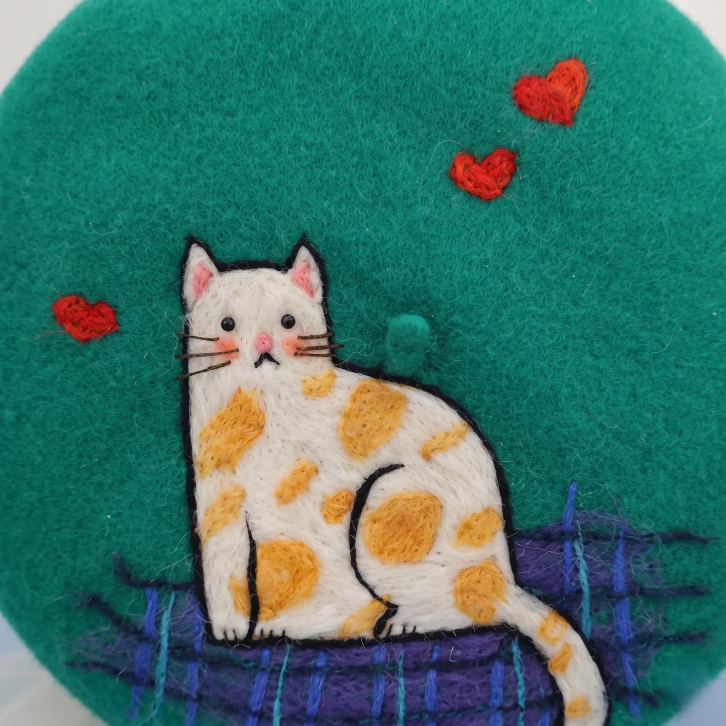 Handmade Needle Felted Wool French Beret | Cute Calico Cat Winter Hat