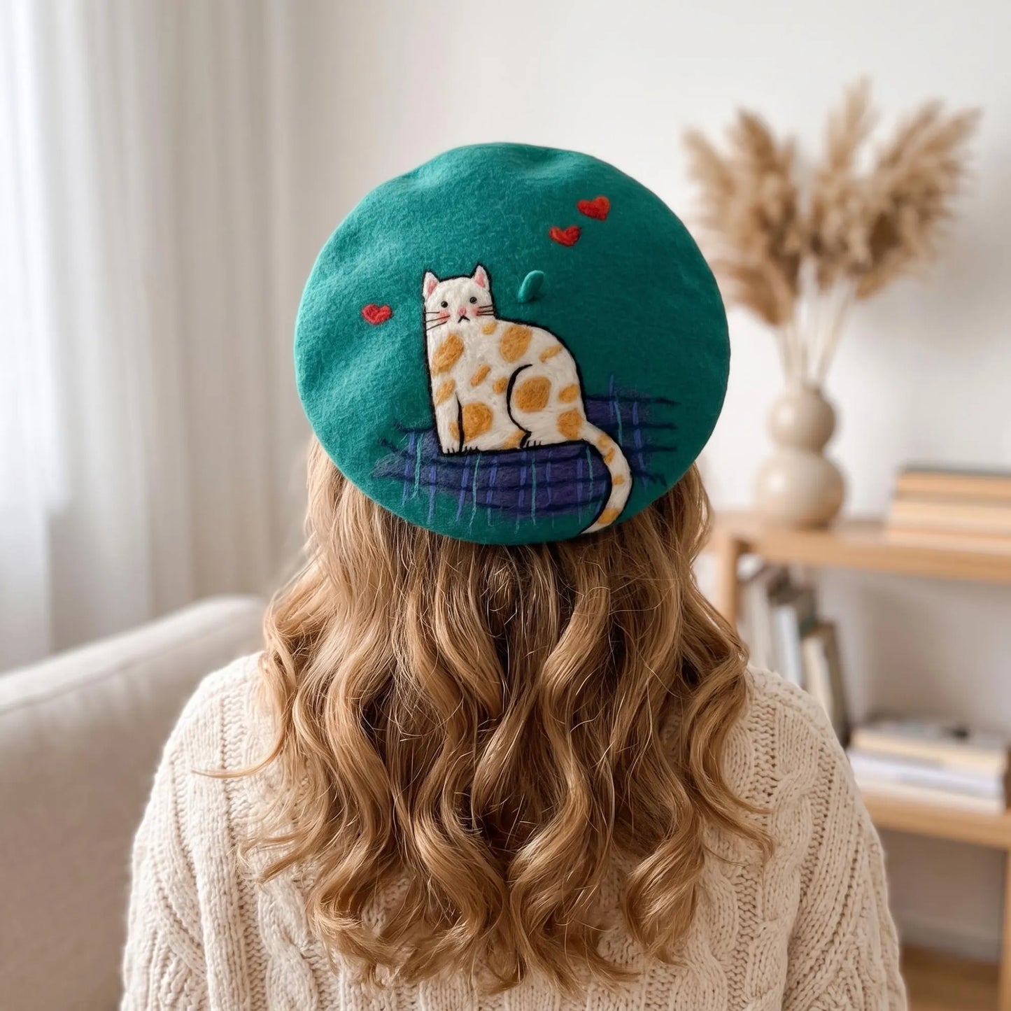 Handmade Needle Felted Wool French Beret | Cute Calico Cat Winter Hat