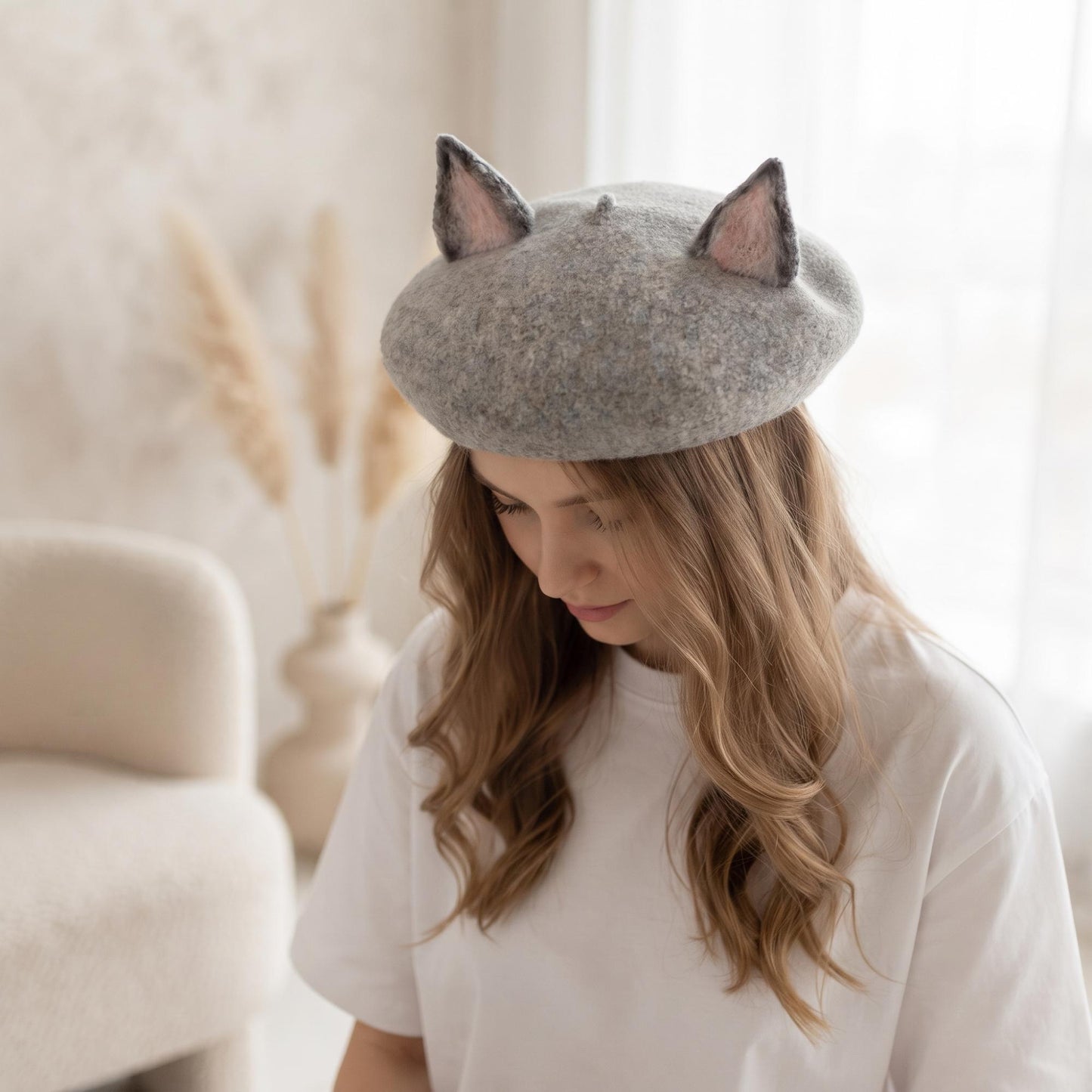 Handmade Wool Cat Ear Beret | Grey Kawaii Felt Winter Hat for Women