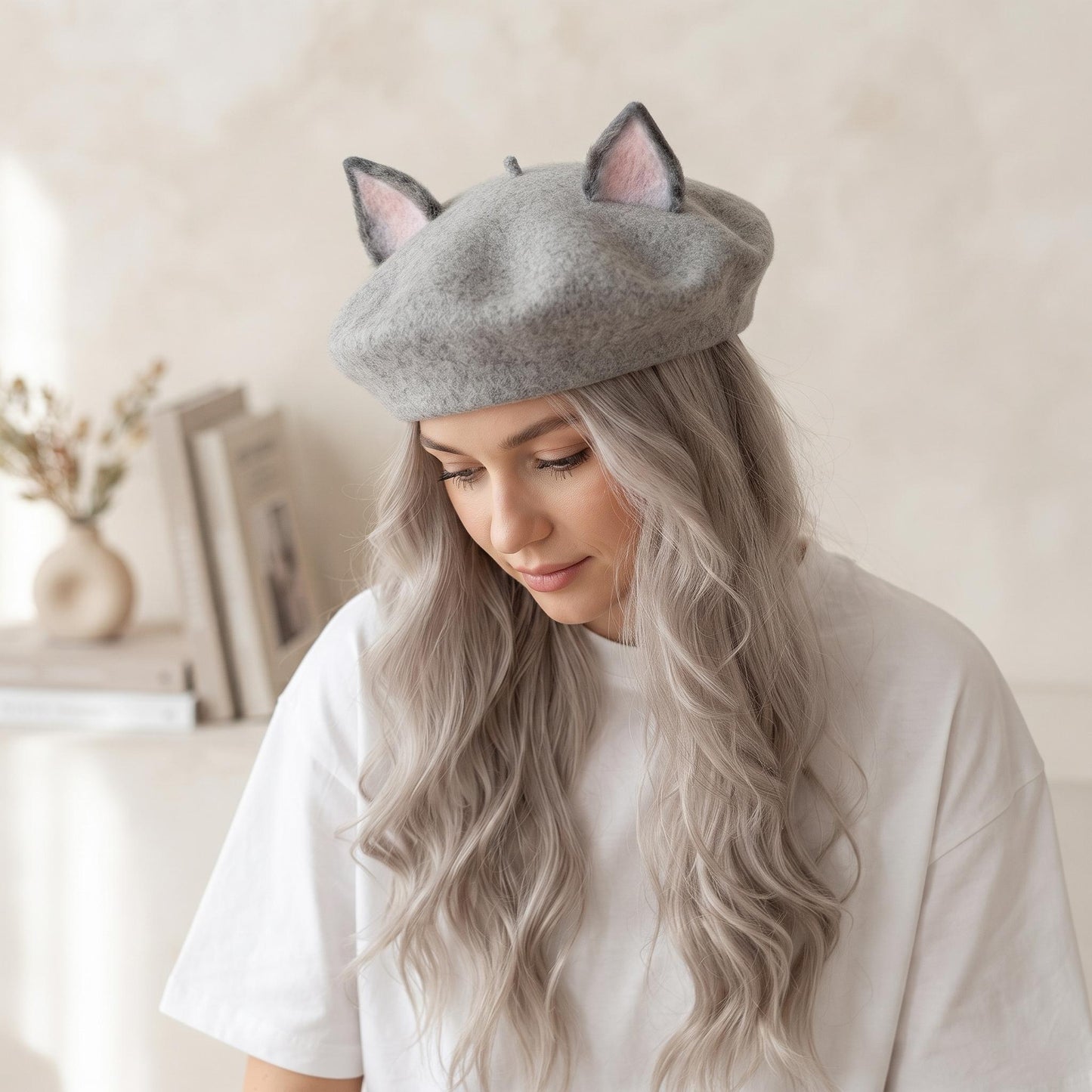 Handmade Wool Cat Ear Beret | Grey Kawaii Felt Winter Hat for Women