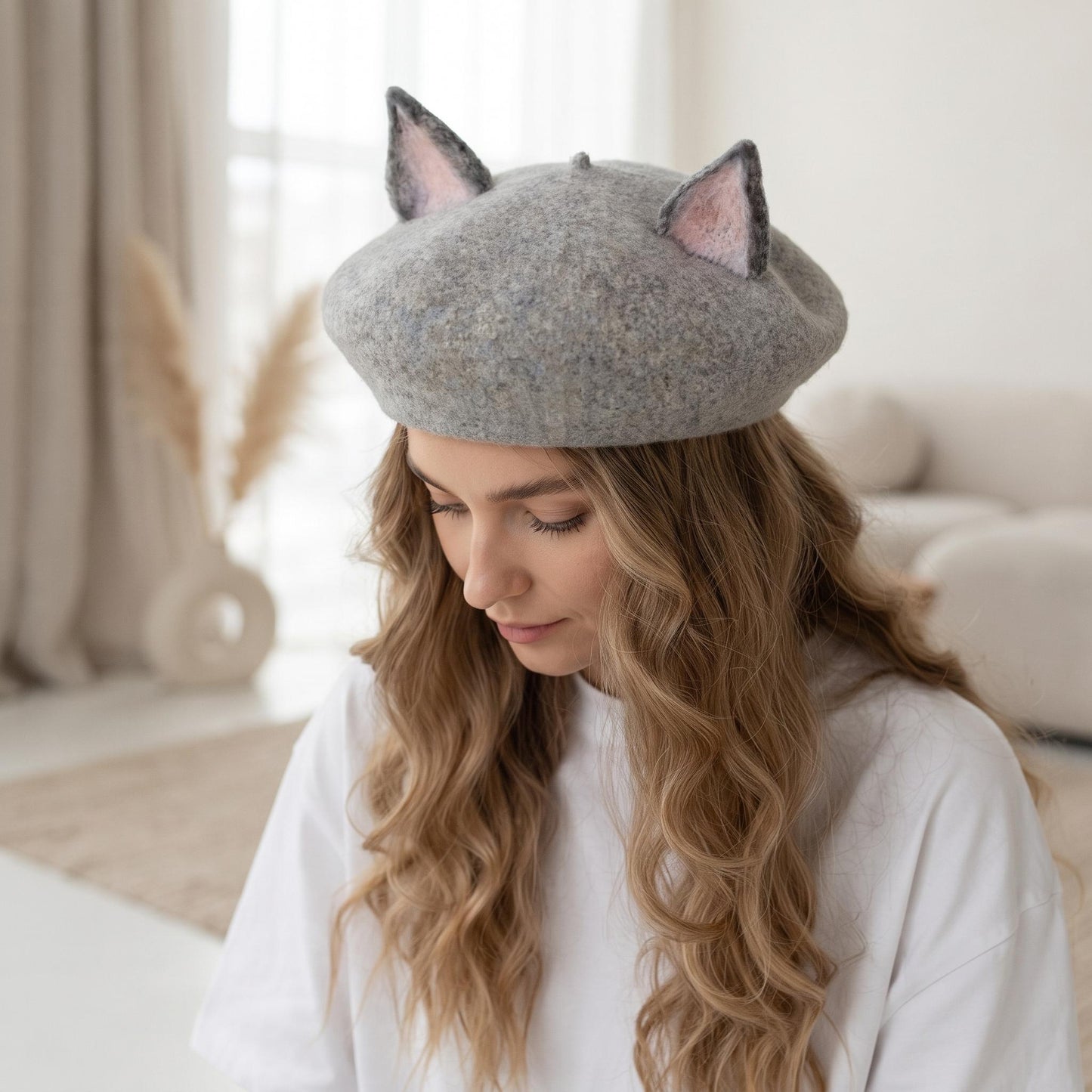 Handmade Wool Cat Ear Beret | Grey Kawaii Felt Winter Hat for Women