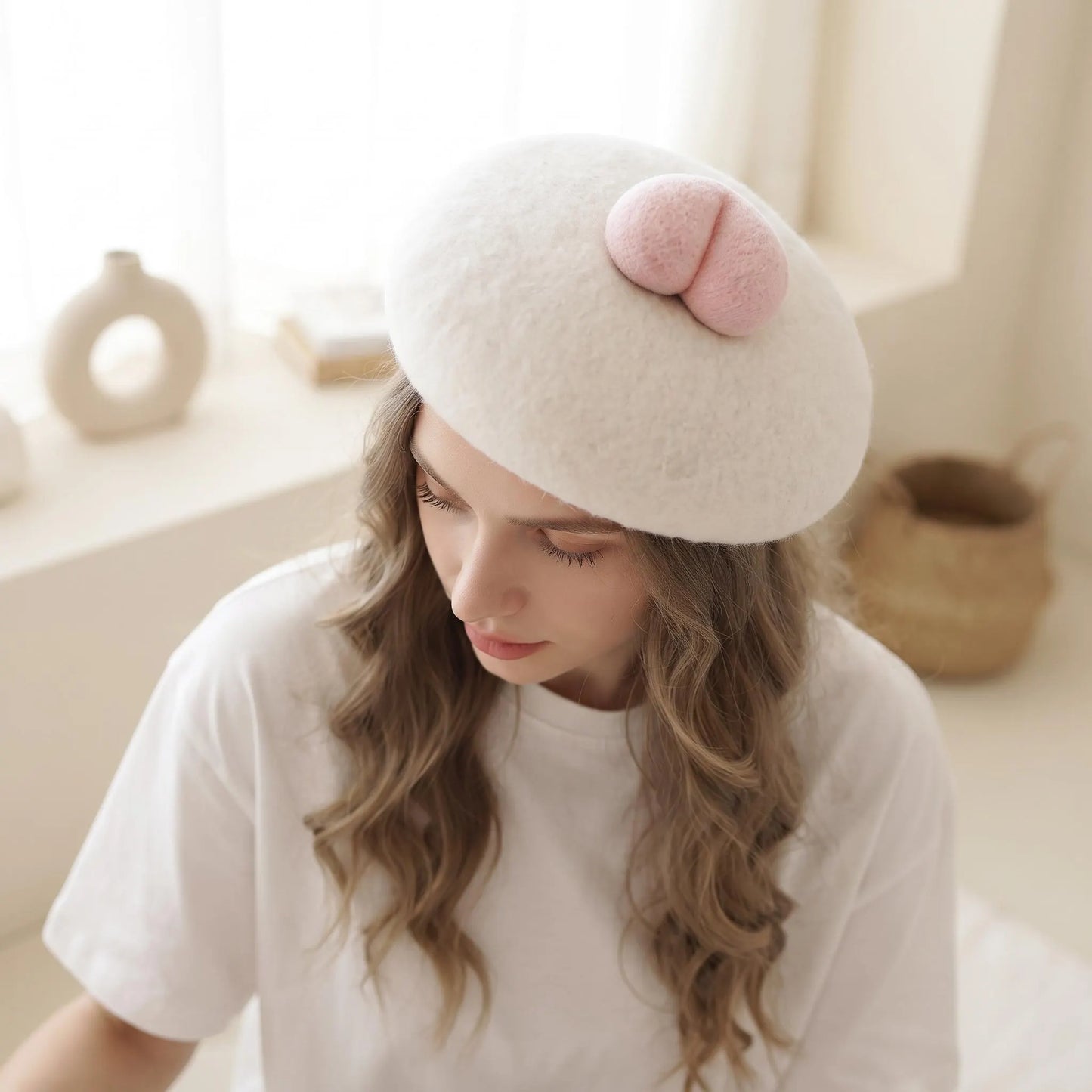 Cute Peach Butt Wool French Beret | Handmade Needle Felted Winter Hat