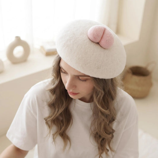 Cute Peach Butt Wool French Beret | Handmade Needle Felted Winter Hat