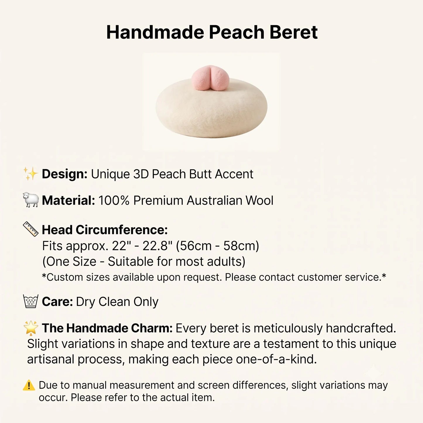 Cute Peach Butt Wool French Beret | Handmade Needle Felted Winter Hat