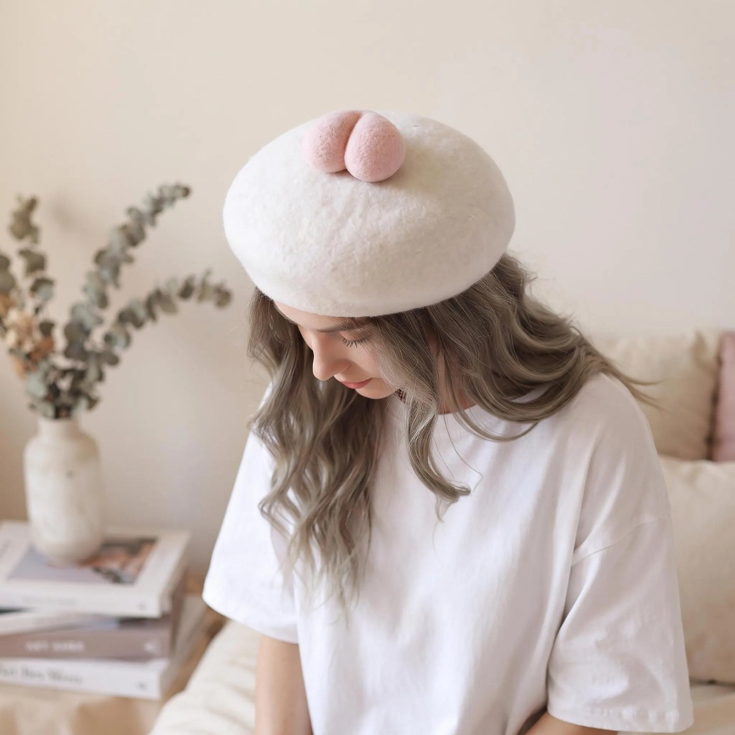 Cute Peach Butt Wool French Beret | Handmade Needle Felted Winter Hat