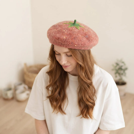 Handmade Strawberry Wool Felt Beret | Cute Fruit Cottagecore Winter Hat