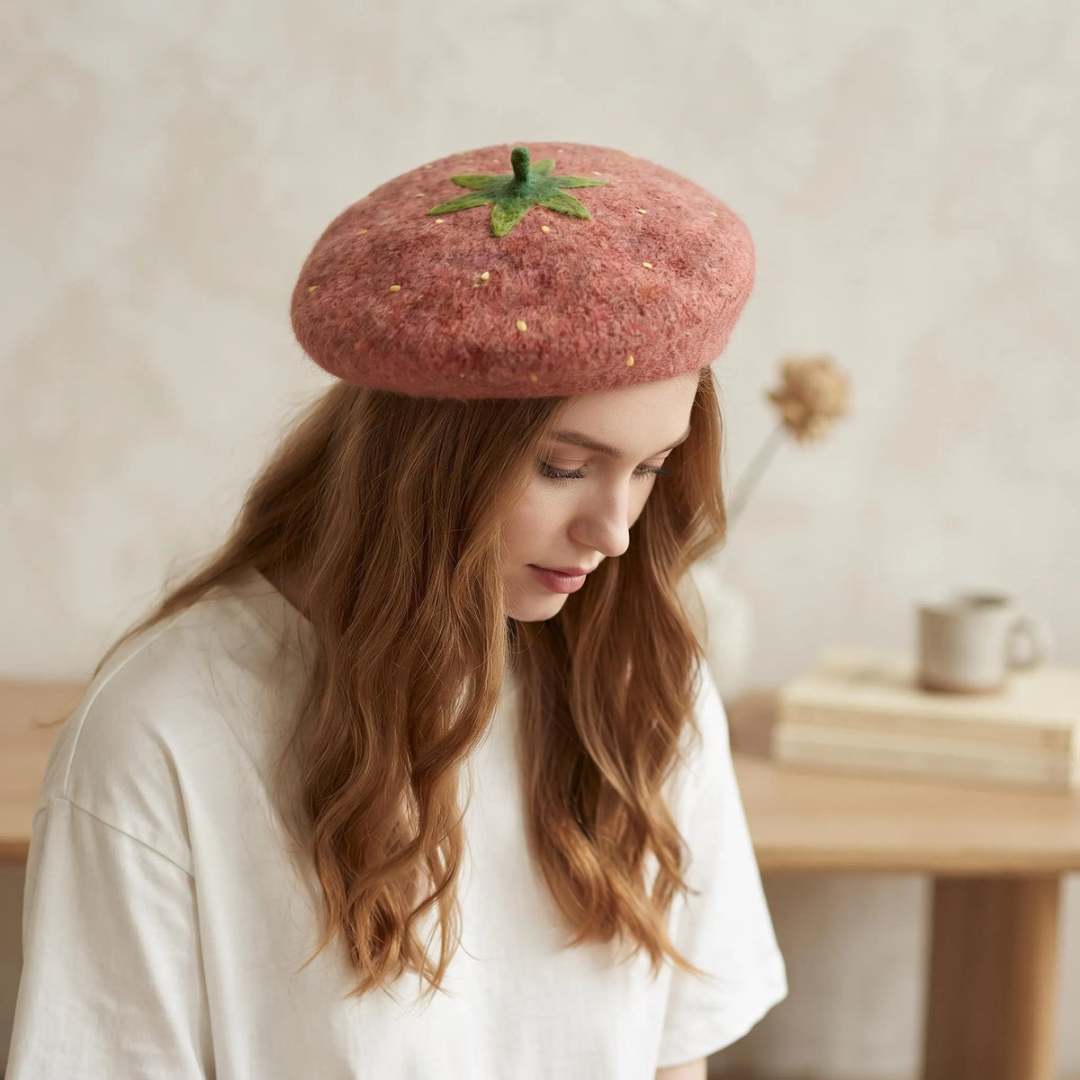 Handmade Strawberry Wool Felt Beret | Cute Fruit Cottagecore Winter Hat