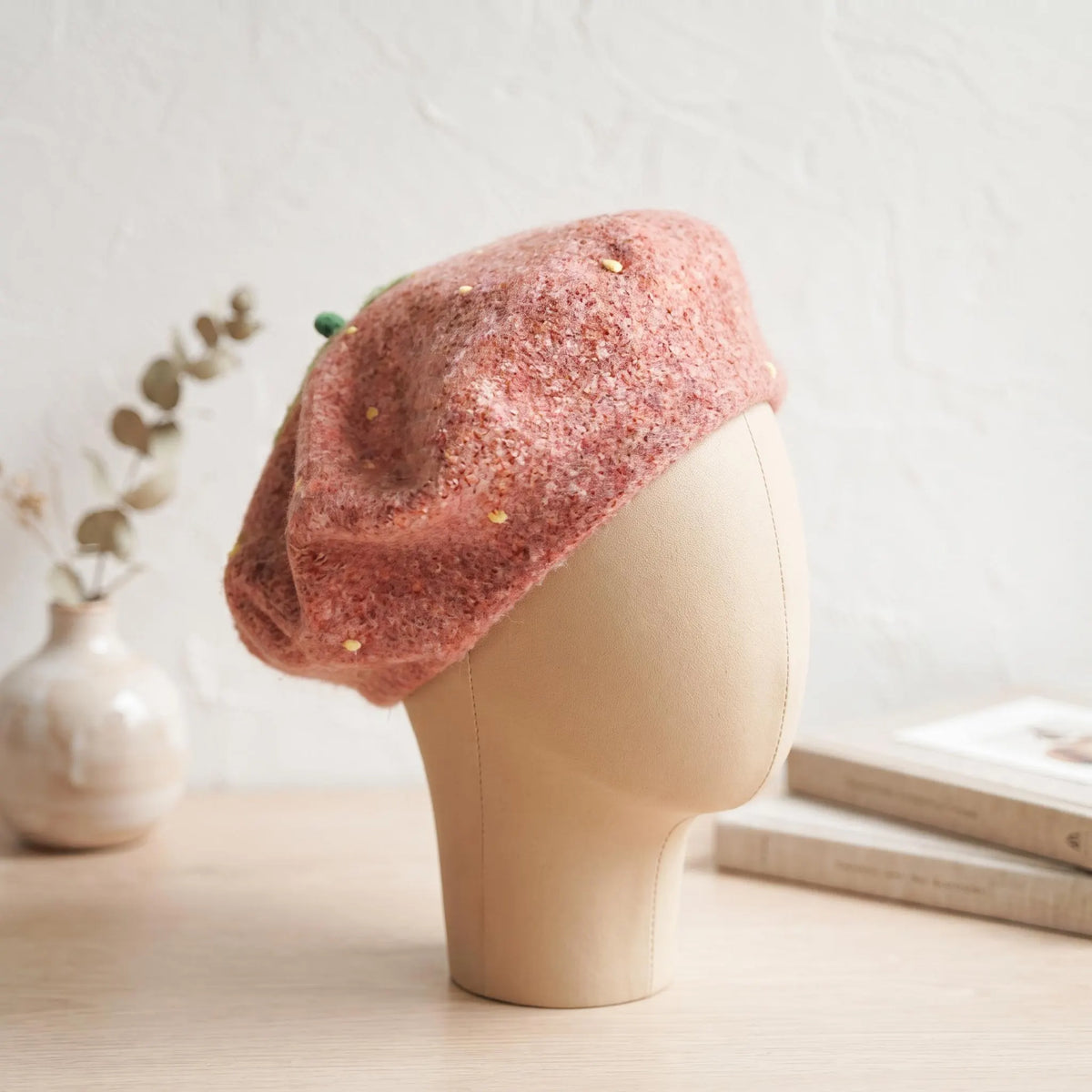 Handmade Strawberry Wool Felt Beret | Cute Fruit Cottagecore Winter Hat