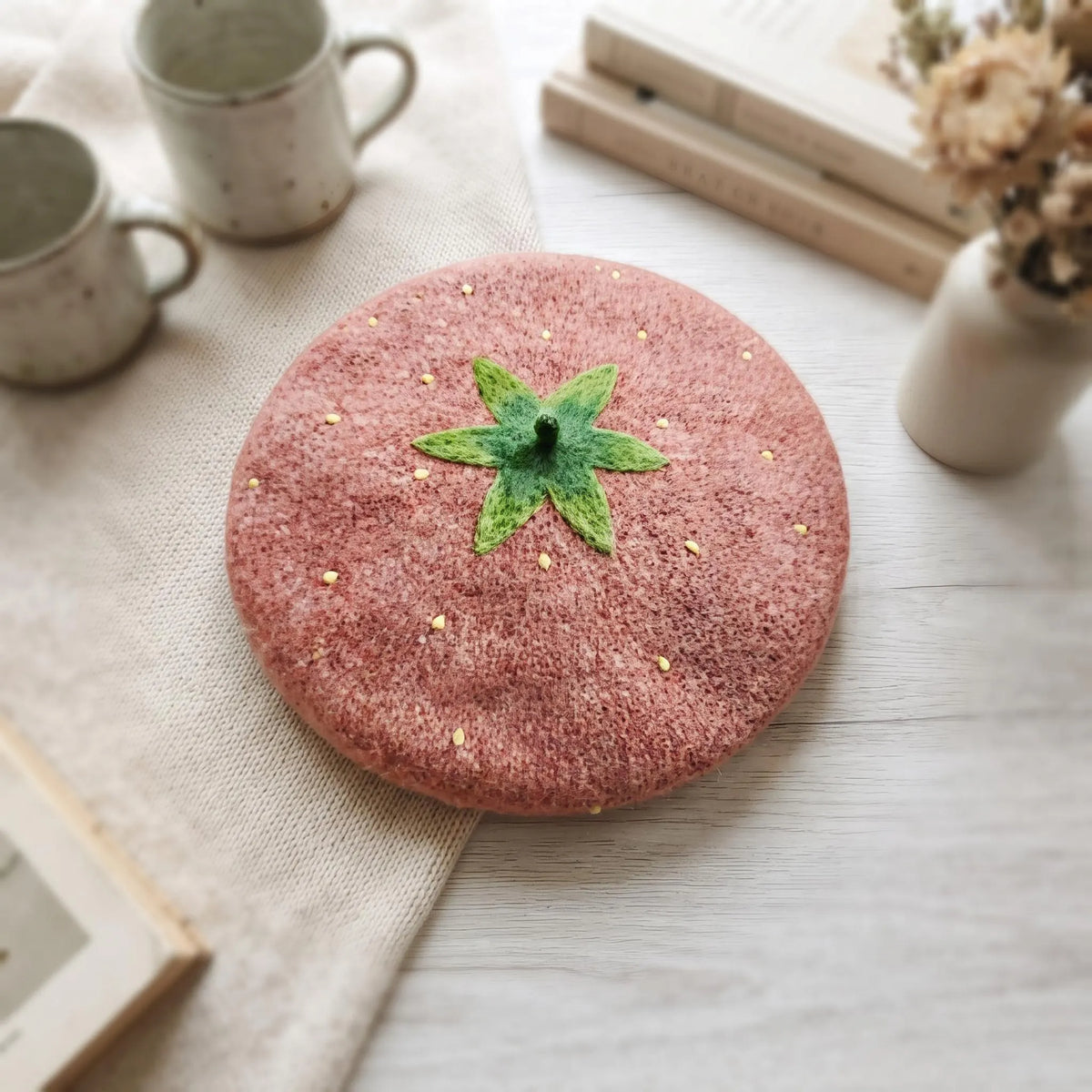 Handmade Strawberry Wool Felt Beret | Cute Fruit Cottagecore Winter Hat