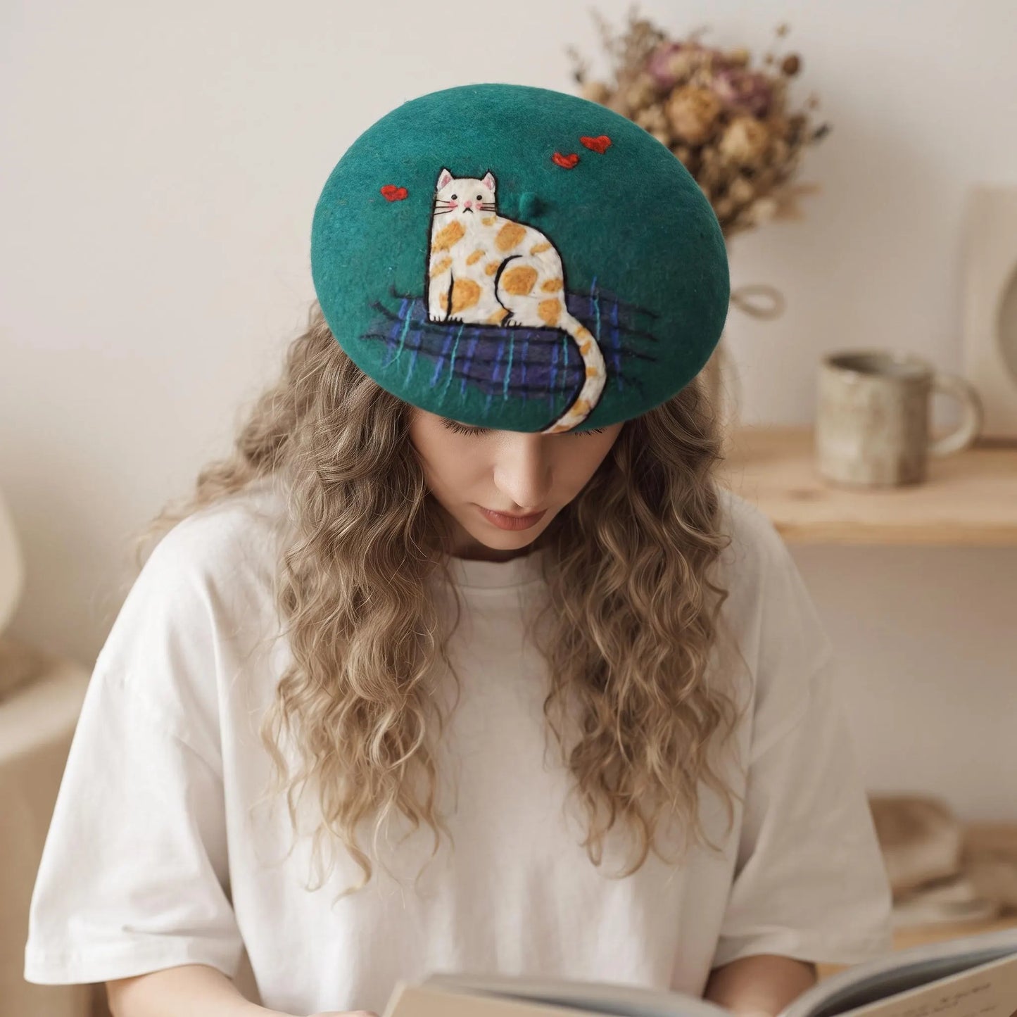 Handmade Needle Felted Wool French Beret | Cute Calico Cat Winter Hat