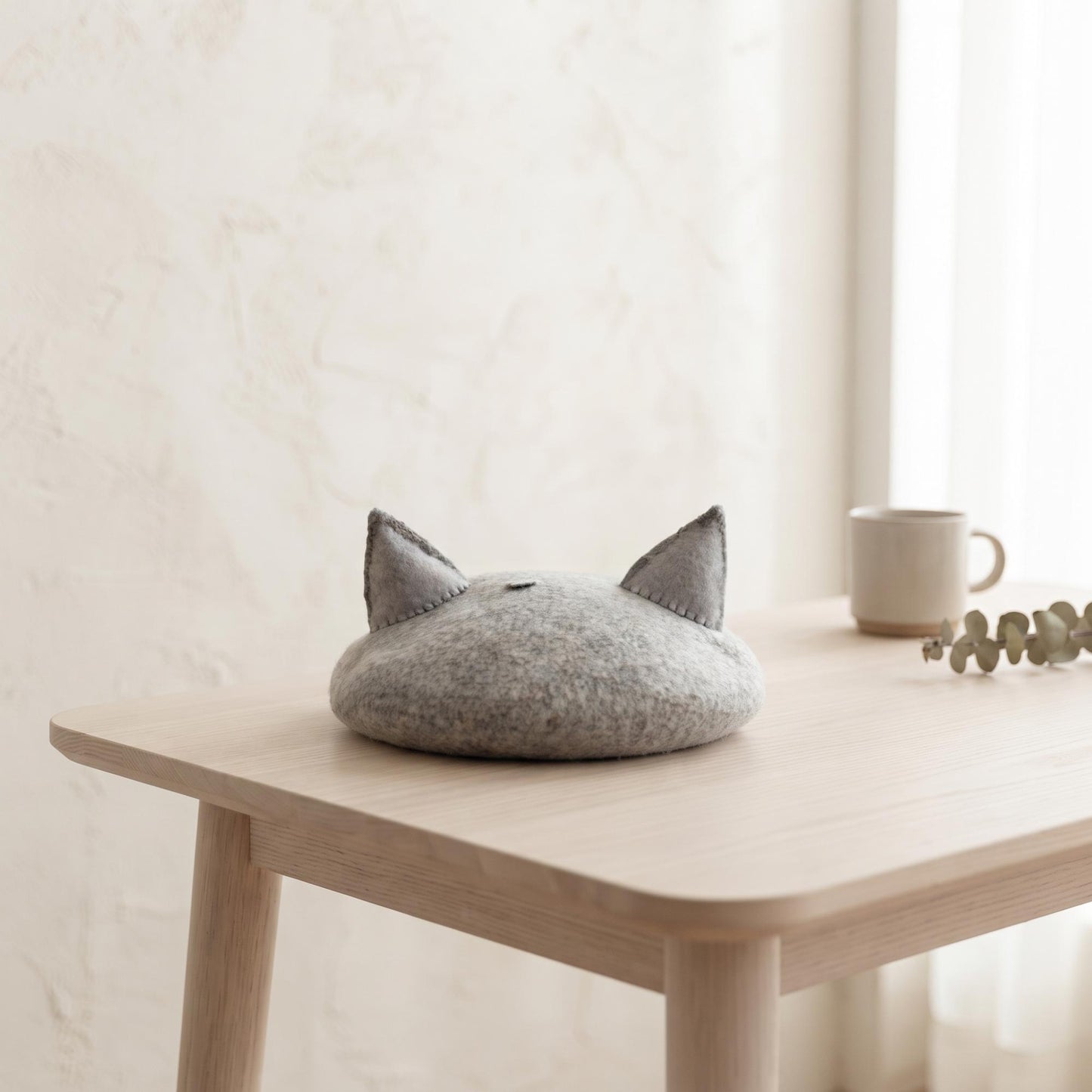 Handmade Wool Cat Ear Beret | Grey Kawaii Felt Winter Hat for Women