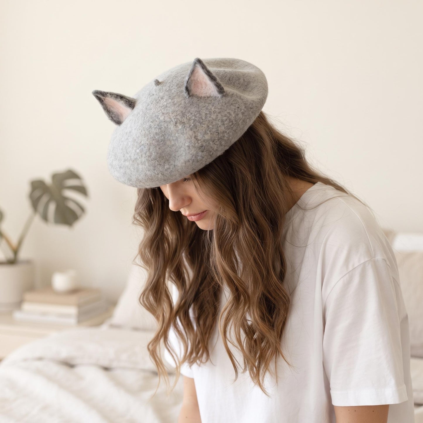 Handmade Wool Cat Ear Beret | Grey Kawaii Felt Winter Hat for Women