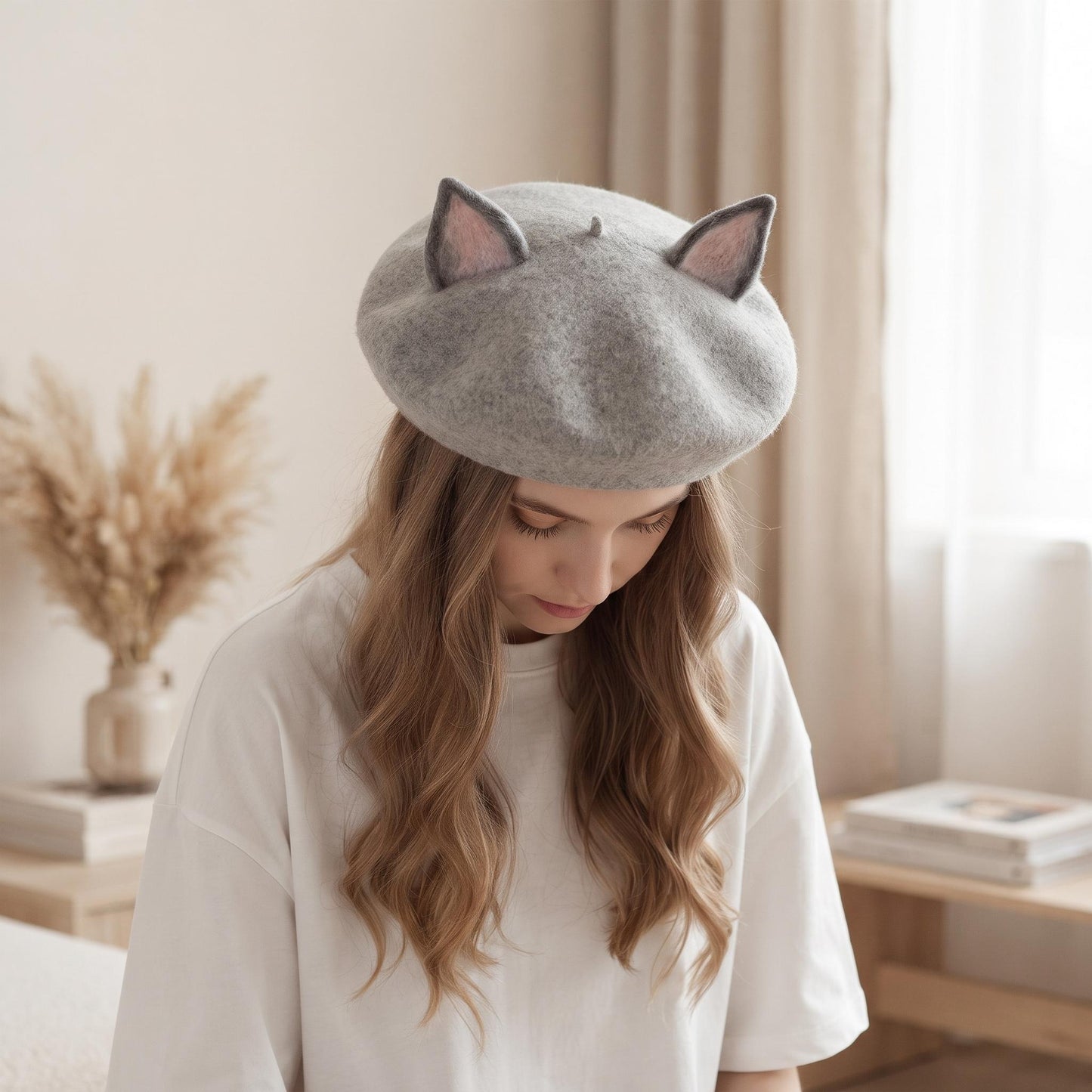 Handmade Wool Cat Ear Beret | Grey Kawaii Felt Winter Hat for Women