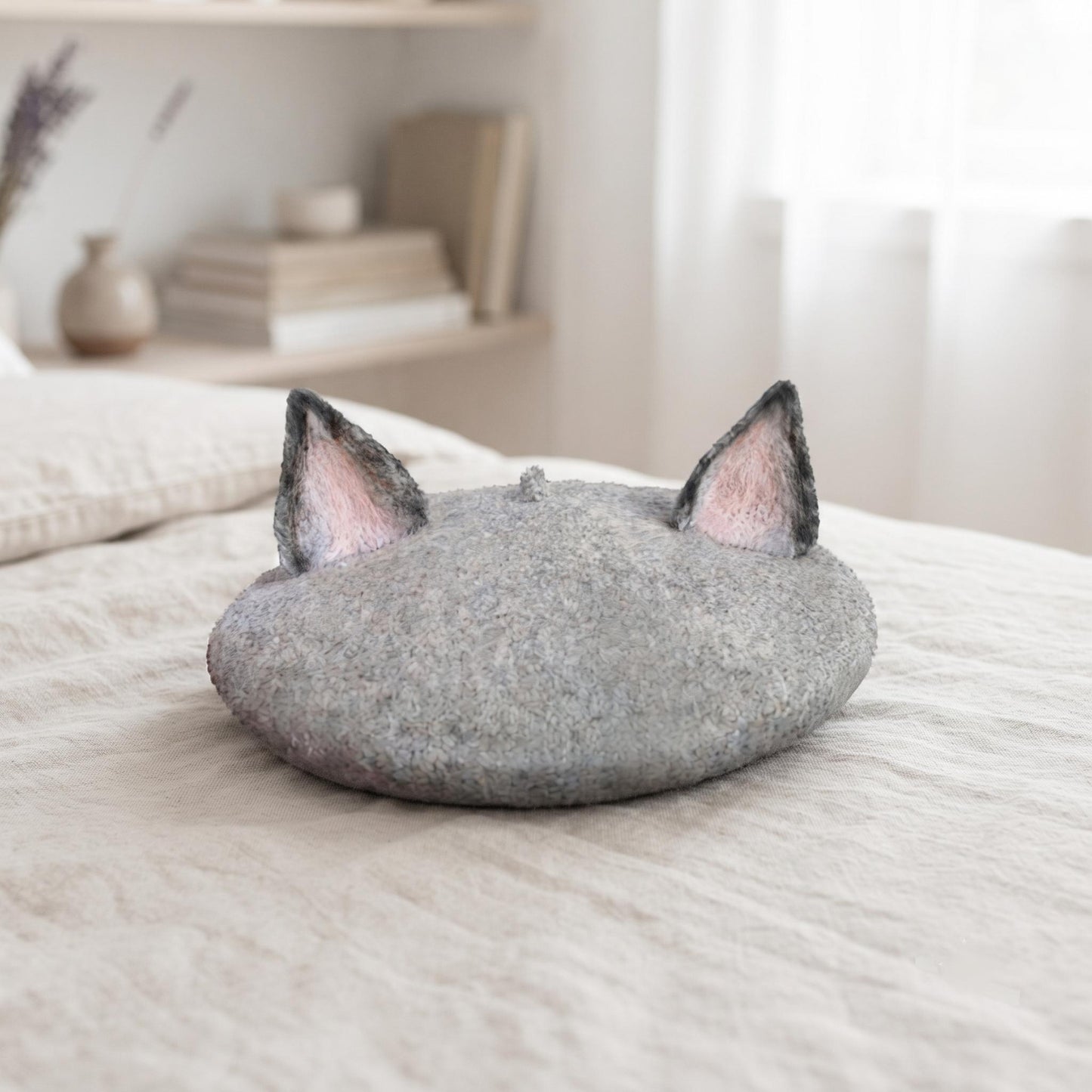 Handmade Wool Cat Ear Beret | Grey Kawaii Felt Winter Hat for Women