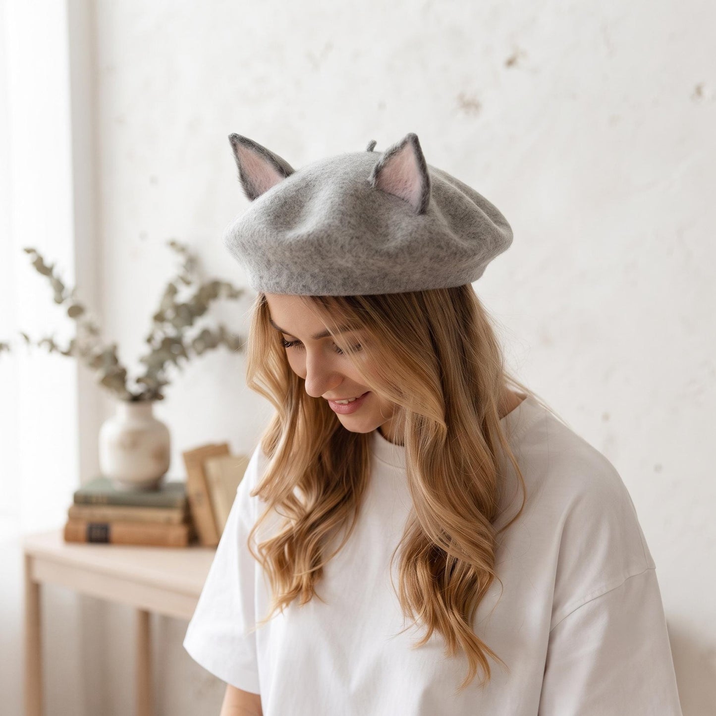 Handmade Wool Cat Ear Beret | Grey Kawaii Felt Winter Hat for Women