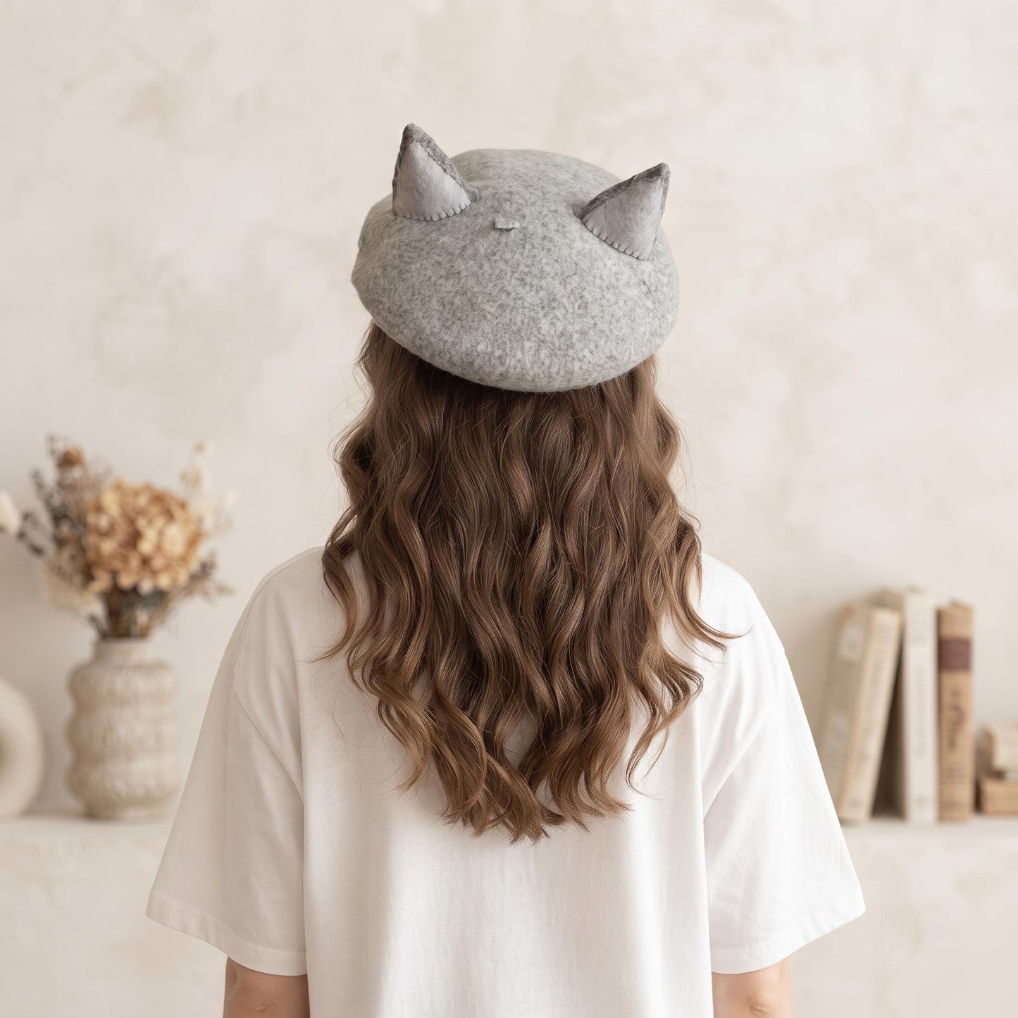 Handmade Wool Cat Ear Beret | Grey Kawaii Felt Winter Hat for Women