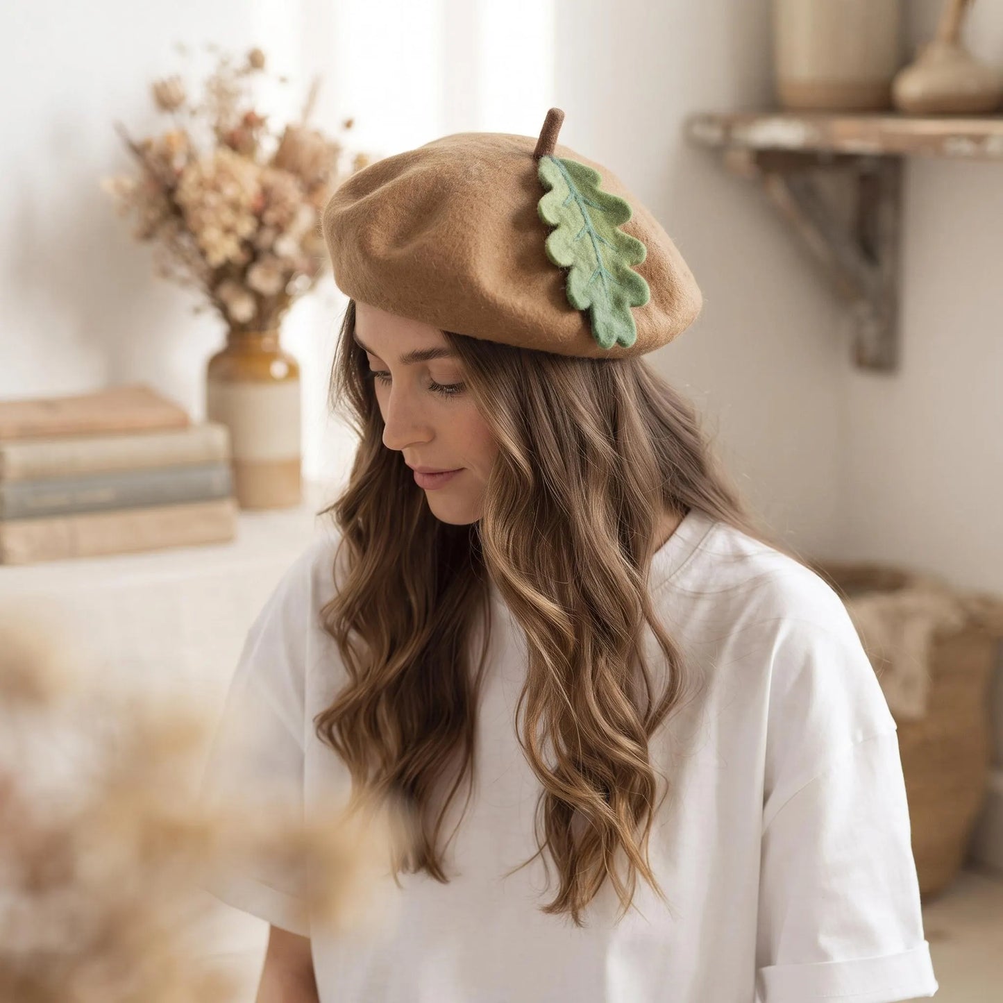 Wool Felt Oak Leaf Applique Beret | Handmade Autumn Acorn Hat for Women