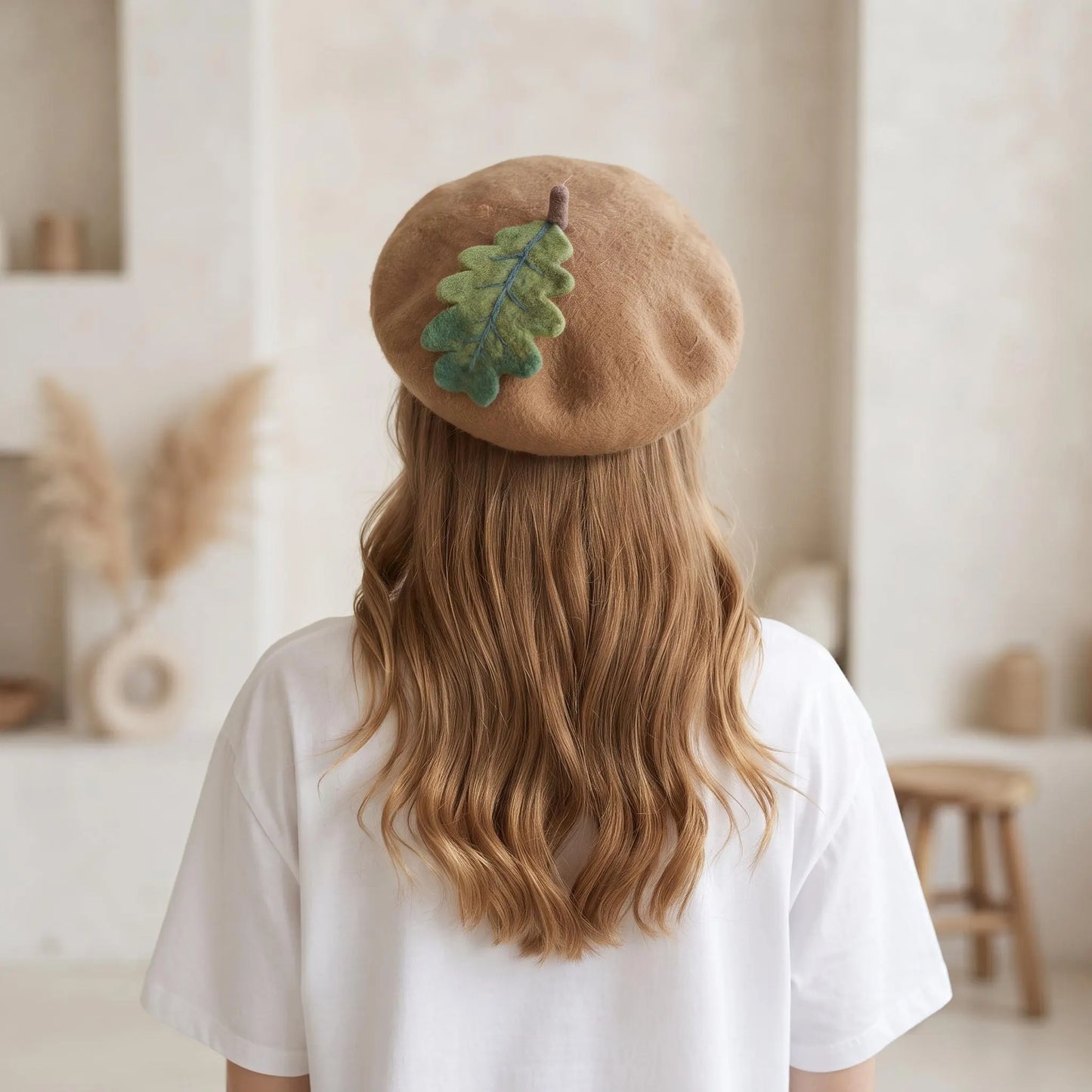 Wool Felt Oak Leaf Applique Beret | Handmade Autumn Acorn Hat for Women