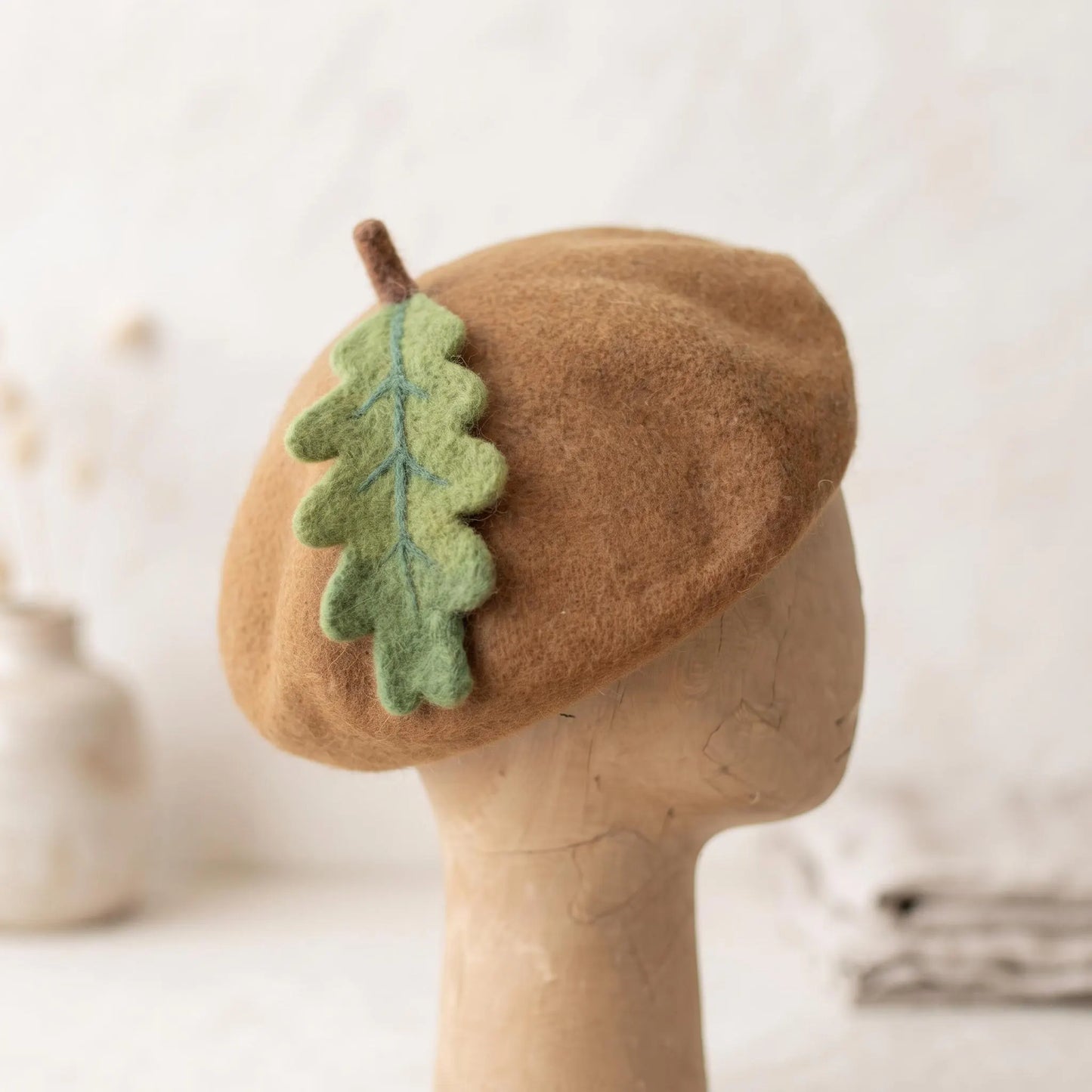 Wool Felt Oak Leaf Applique Beret | Handmade Autumn Acorn Hat for Women