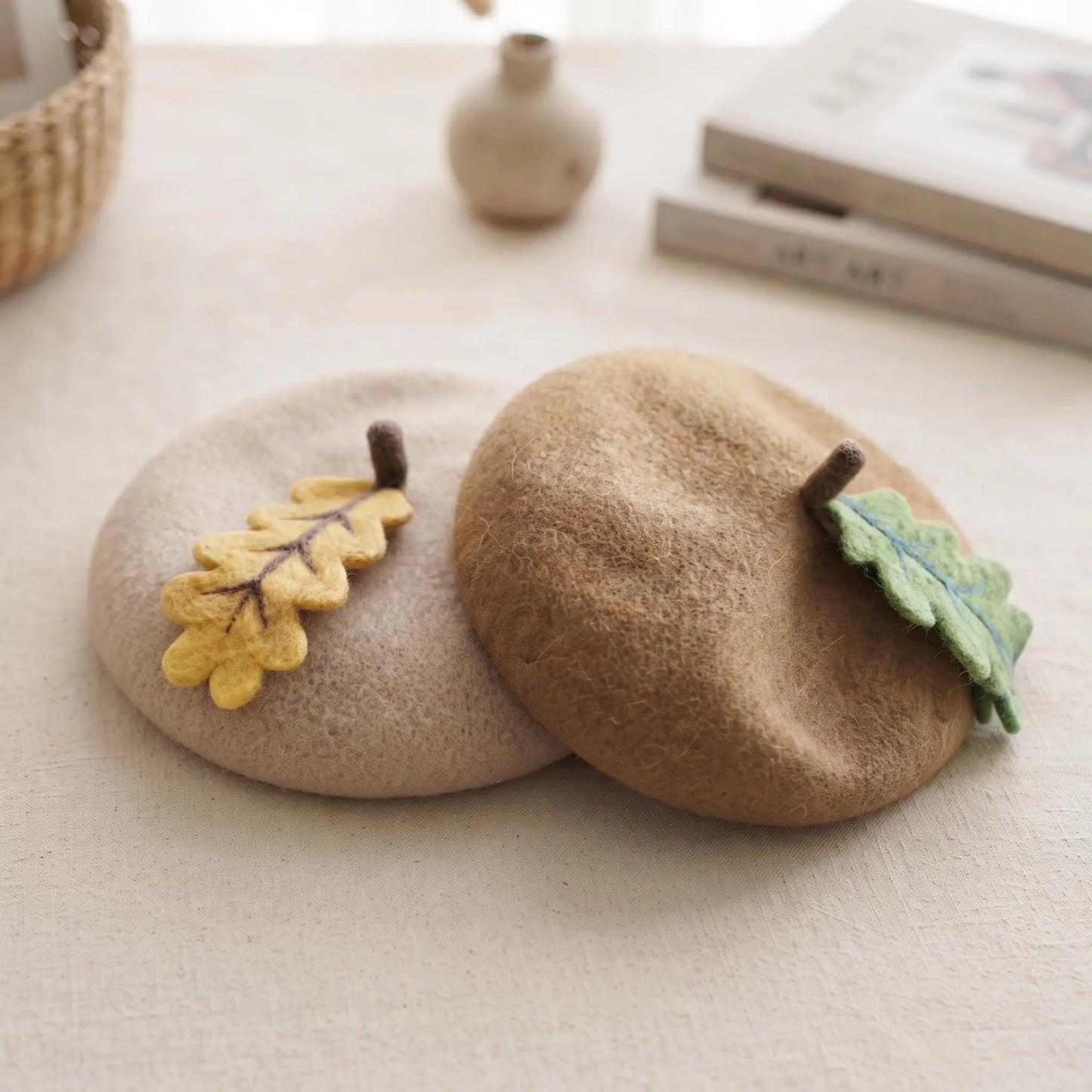 Wool Felt Oak Leaf Applique Beret | Handmade Autumn Acorn Hat for Women