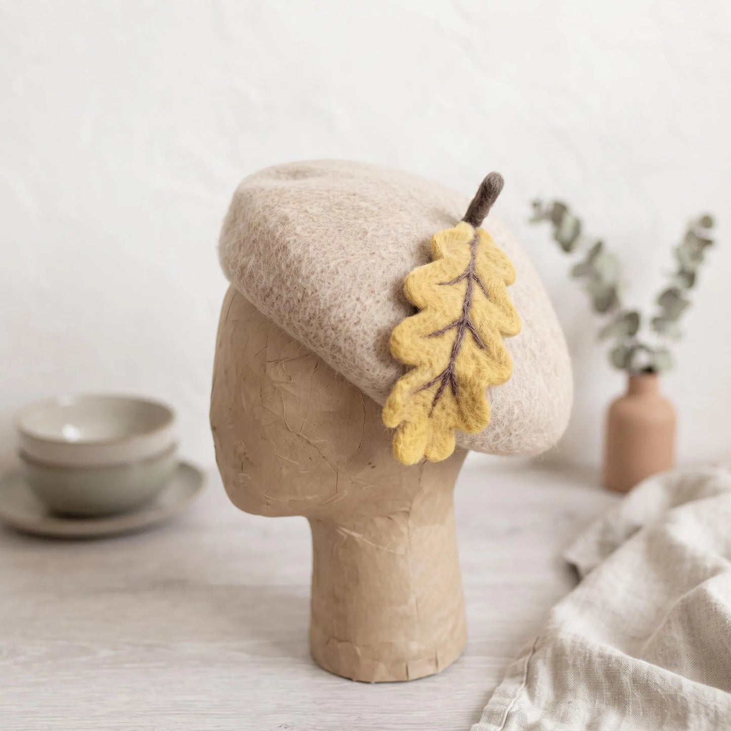 Wool Felt Oak Leaf Applique Beret | Handmade Autumn Acorn Hat for Women