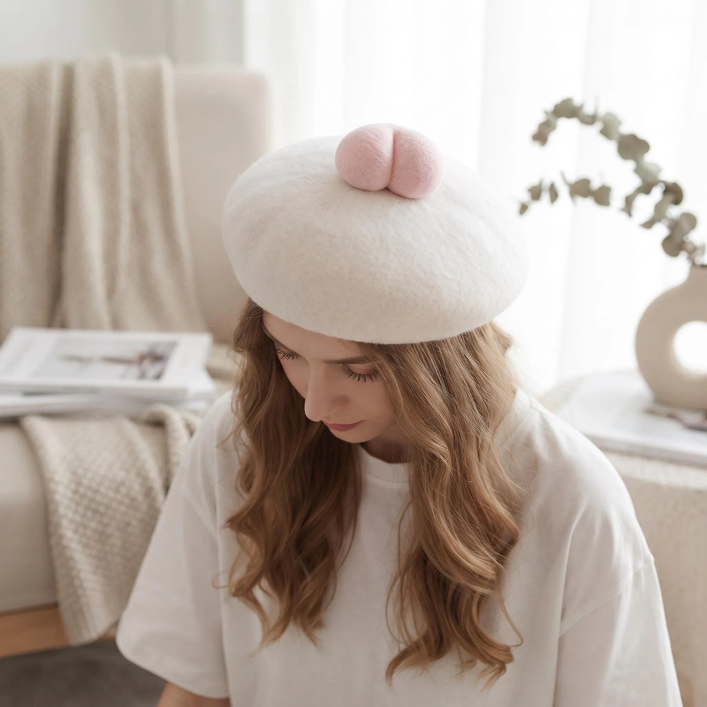 Cute Peach Butt Wool French Beret | Handmade Needle Felted Winter Hat