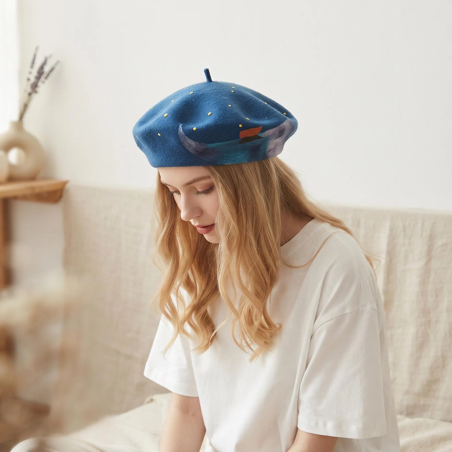 Starry Night Celestial Wool Beret – Moon, Stars & Ocean Waves Nautical Hat