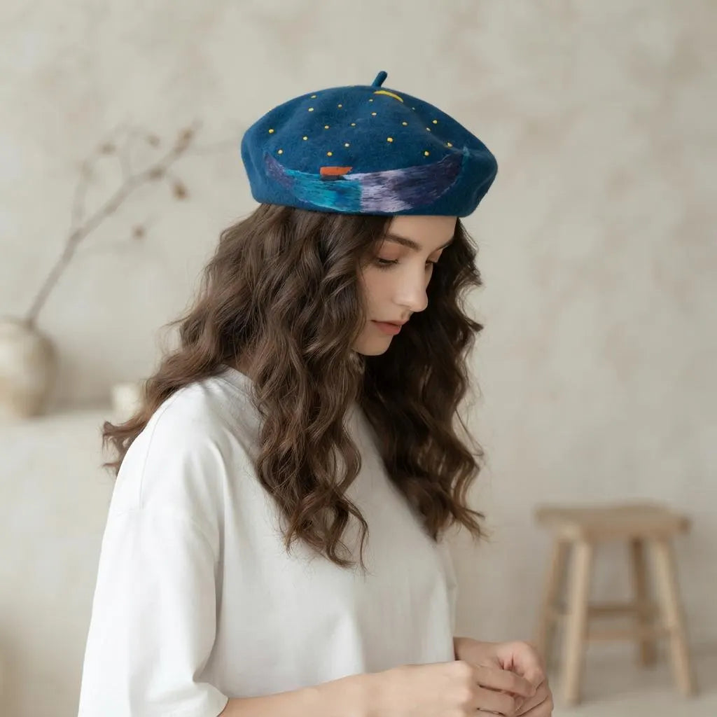 Starry Night Celestial Wool Beret – Moon, Stars & Ocean Waves Nautical Hat