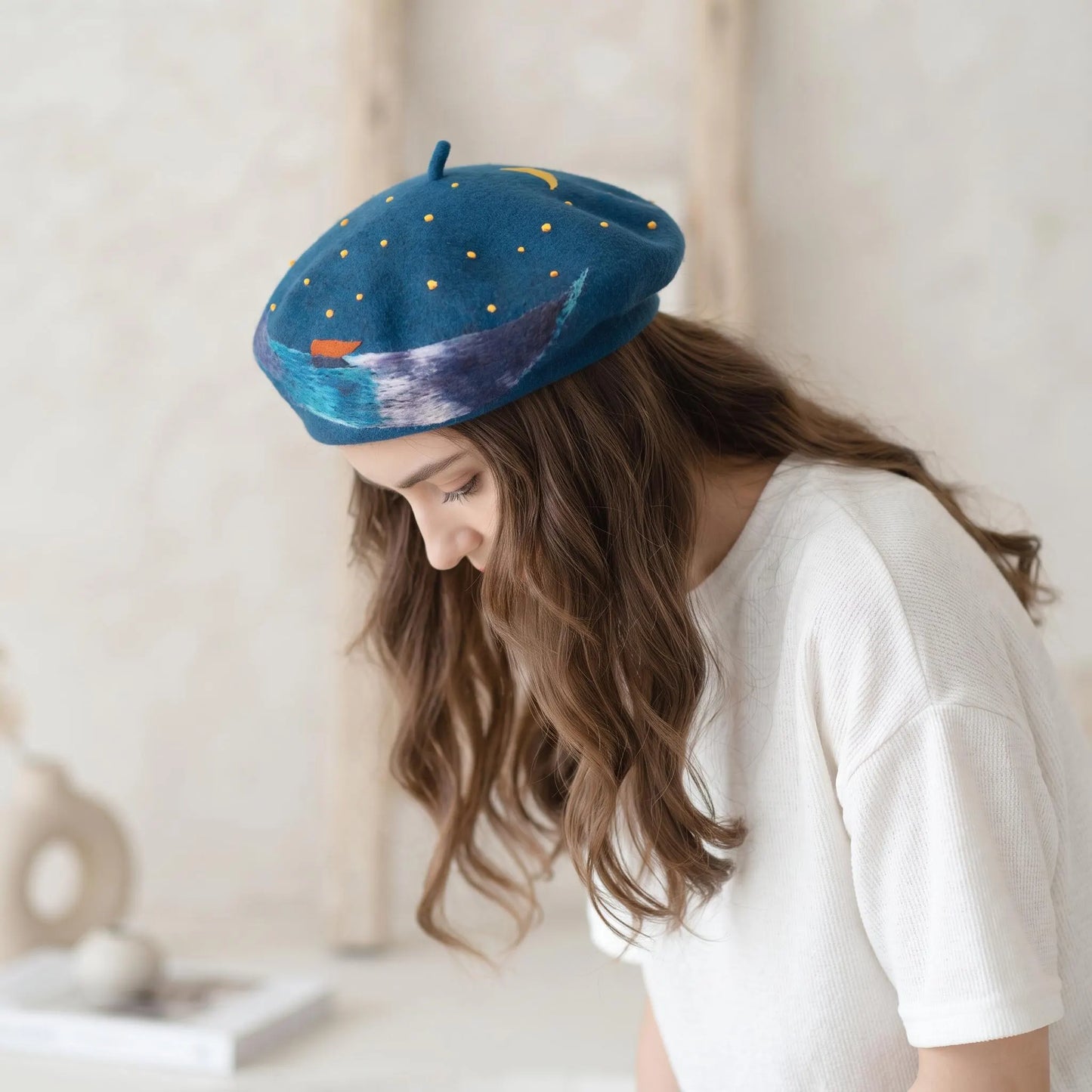 Starry Night Celestial Wool Beret – Moon, Stars & Ocean Waves Nautical Hat