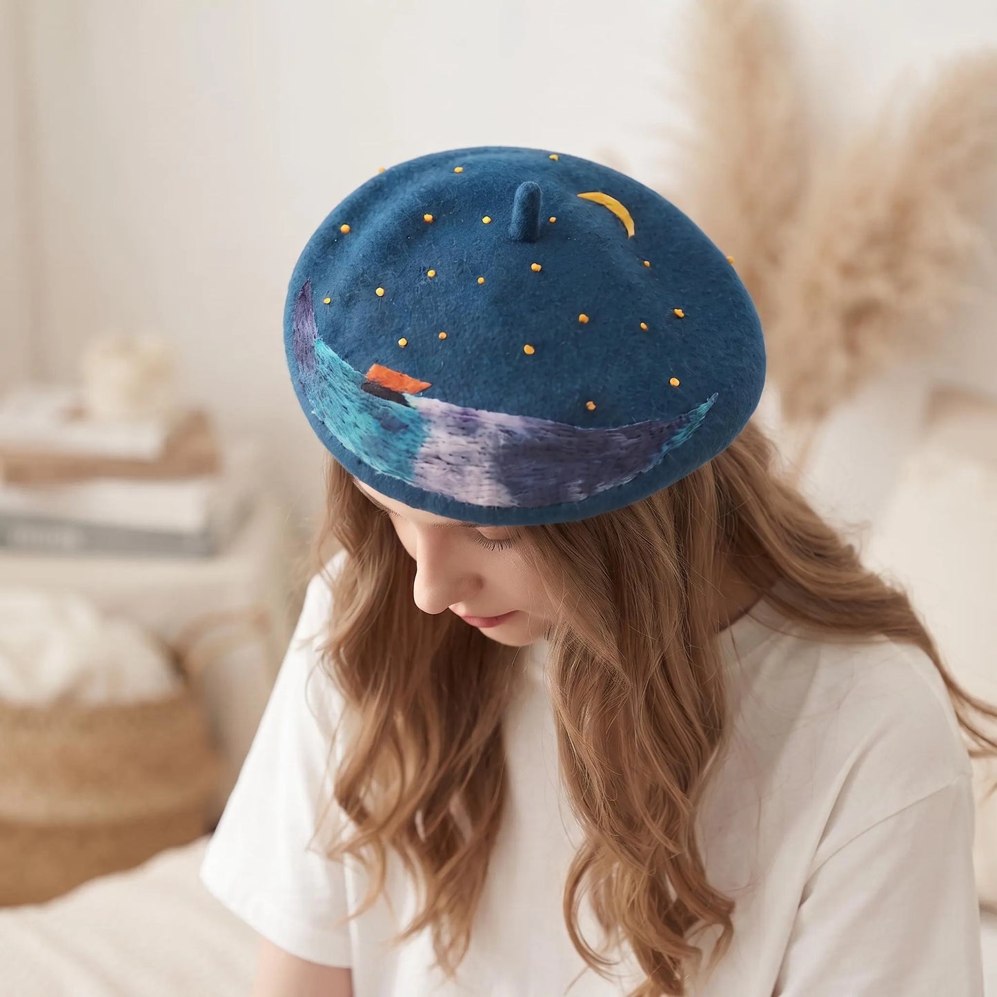 Starry Night Celestial Wool Beret – Moon, Stars & Ocean Waves Nautical Hat