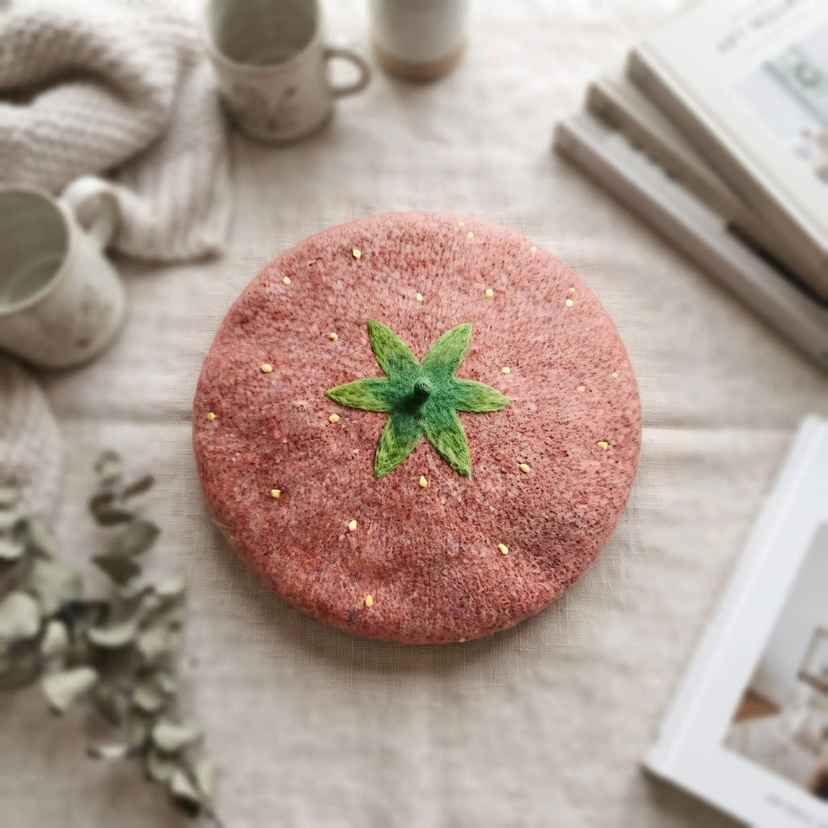 Handmade Strawberry Wool Felt Beret | Cute Fruit Cottagecore Winter Hat