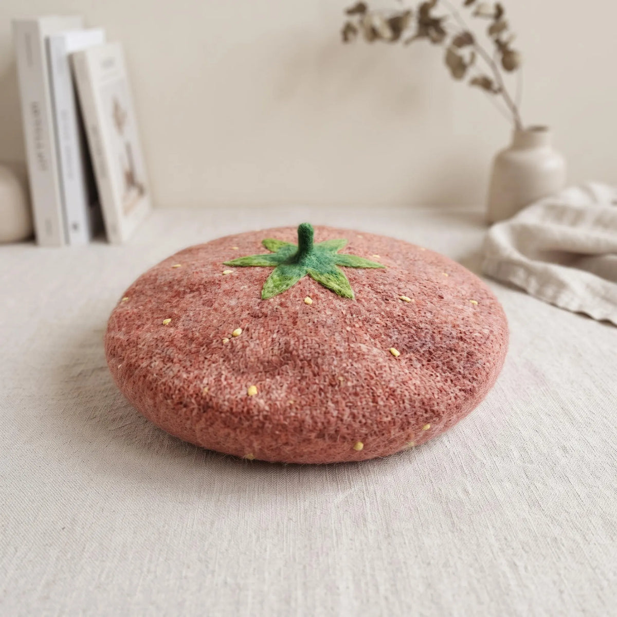 Handmade Strawberry Wool Felt Beret | Cute Fruit Cottagecore Winter Hat