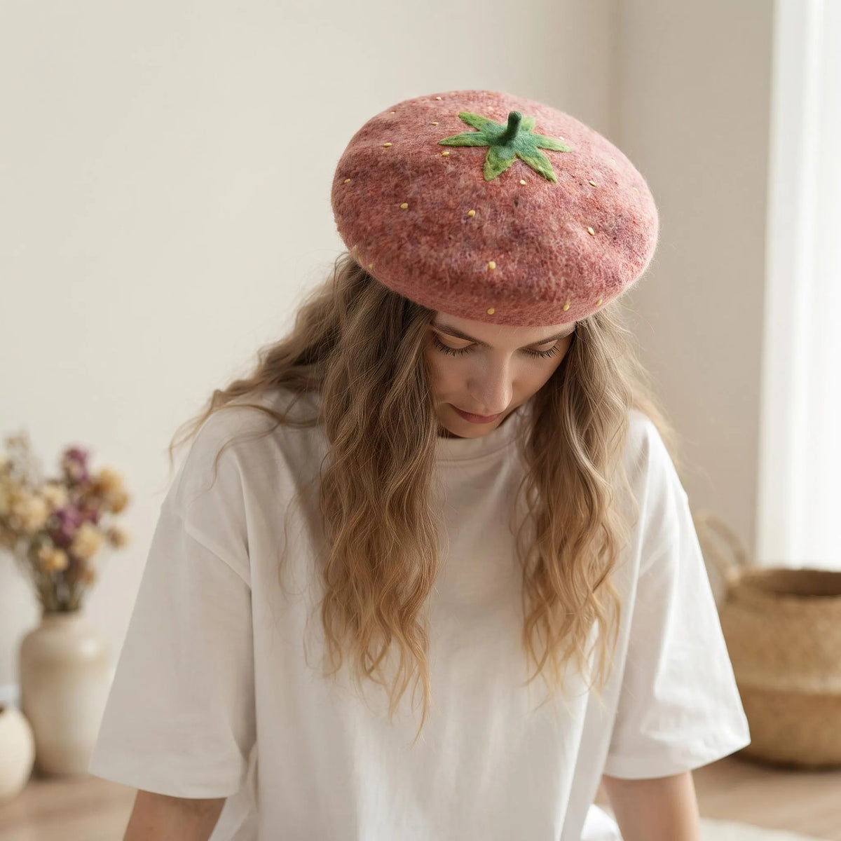 Handmade Strawberry Wool Felt Beret | Cute Fruit Cottagecore Winter Hat