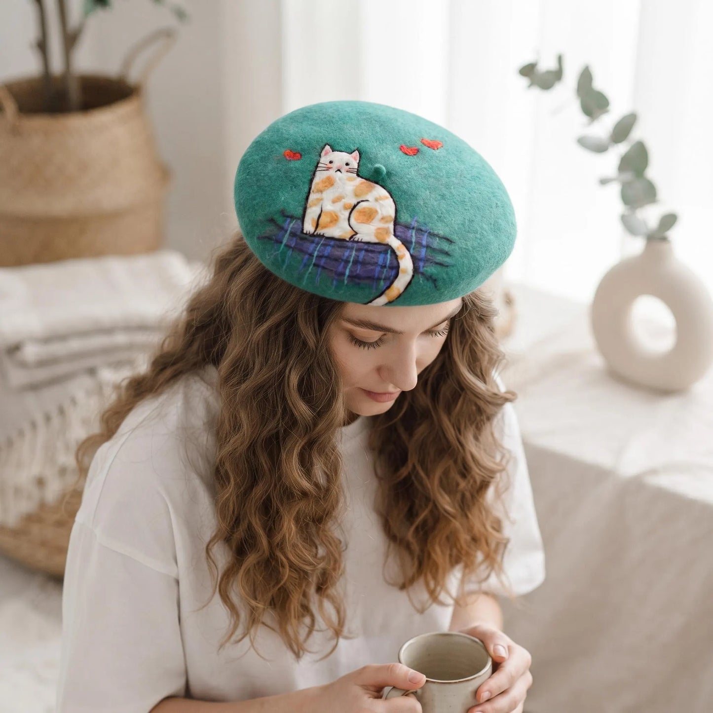Handmade Needle Felted Wool French Beret | Cute Calico Cat Winter Hat