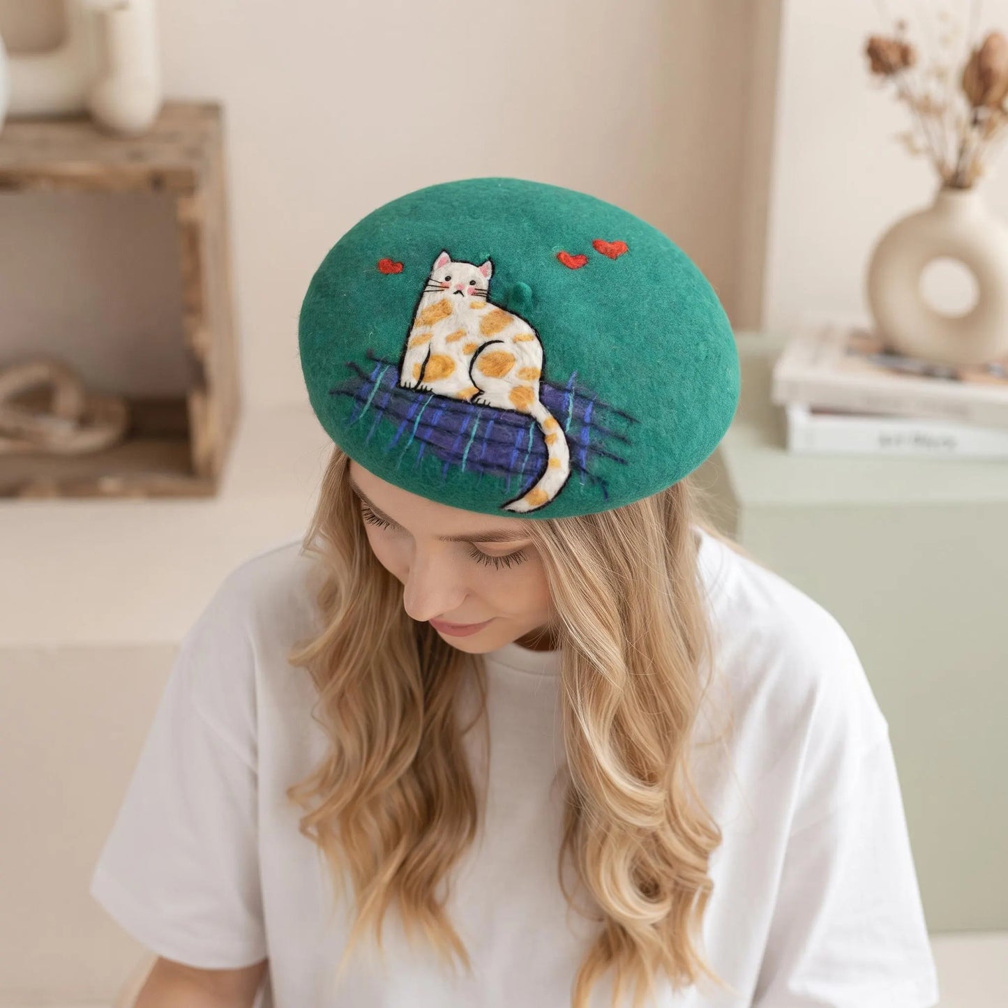 Handmade Needle Felted Wool French Beret | Cute Calico Cat Winter Hat