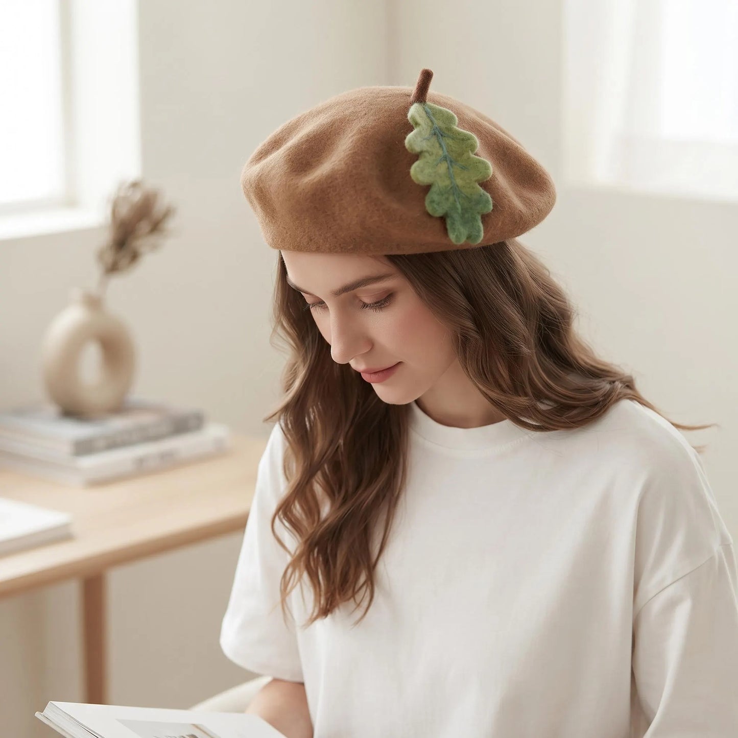 Wool Felt Oak Leaf Applique Beret | Handmade Autumn Acorn Hat for Women
