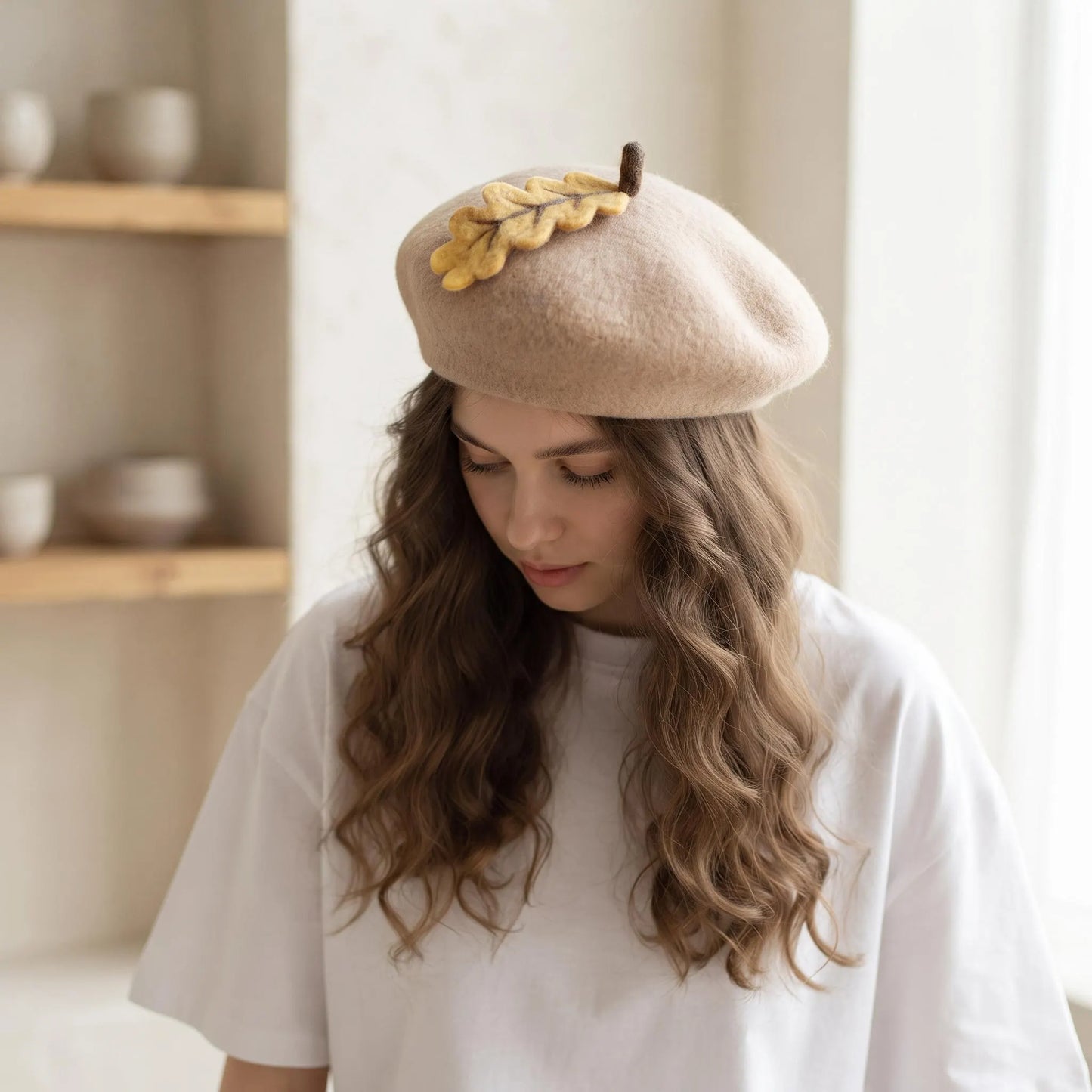 Wool Felt Oak Leaf Applique Beret | Handmade Autumn Acorn Hat for Women