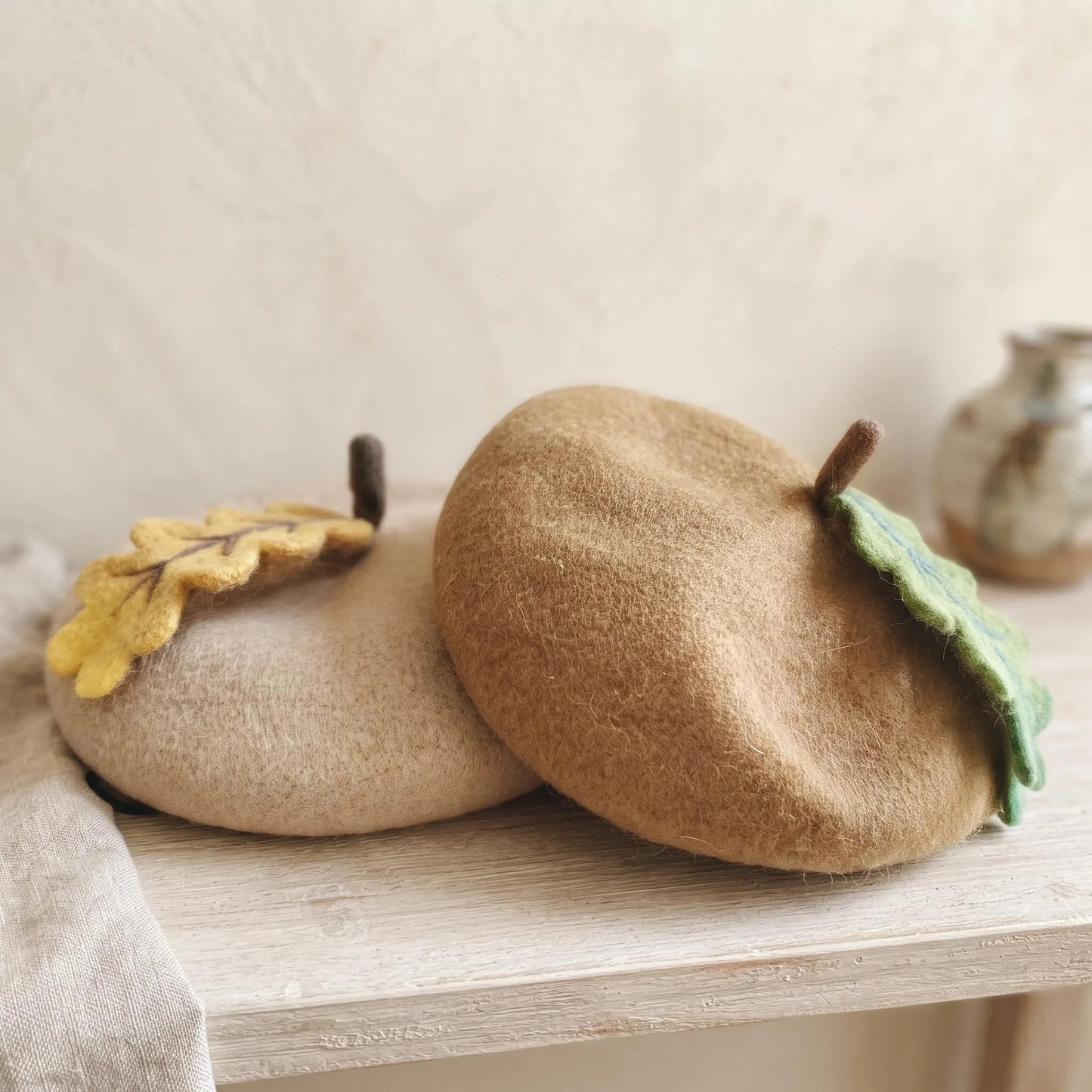 Wool Felt Oak Leaf Applique Beret | Handmade Autumn Acorn Hat for Women