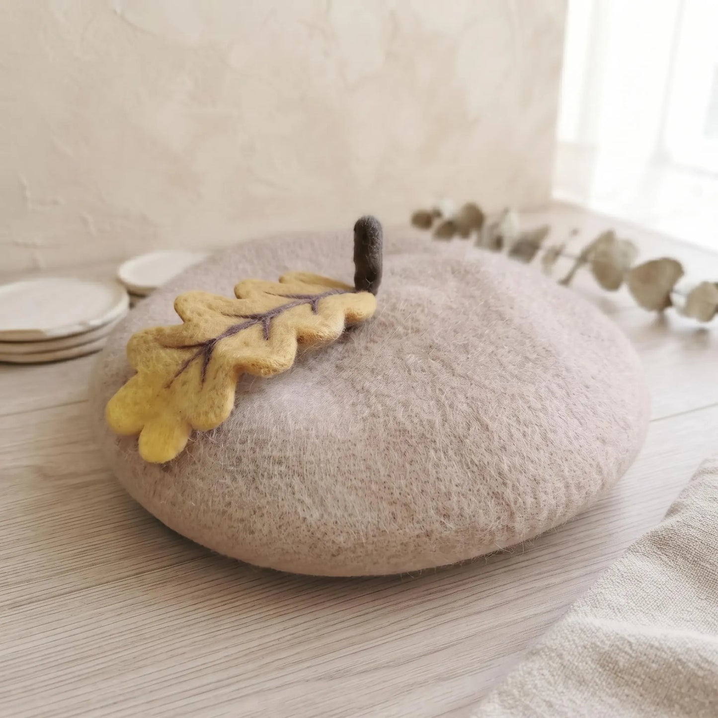 Wool Felt Oak Leaf Applique Beret | Handmade Autumn Acorn Hat for Women