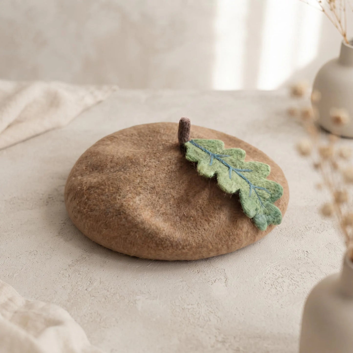 Wool Felt Oak Leaf Applique Beret | Handmade Autumn Acorn Hat for Women