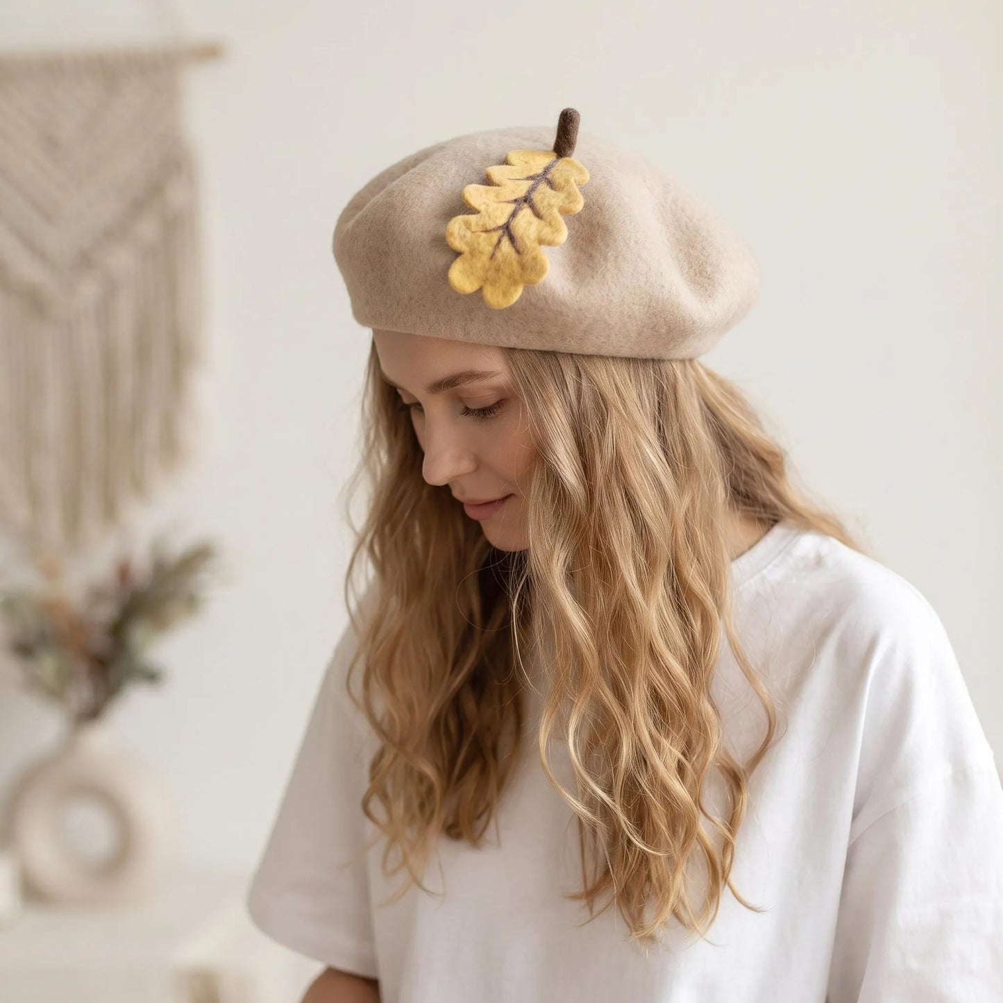 Wool Felt Oak Leaf Applique Beret | Handmade Autumn Acorn Hat for Women