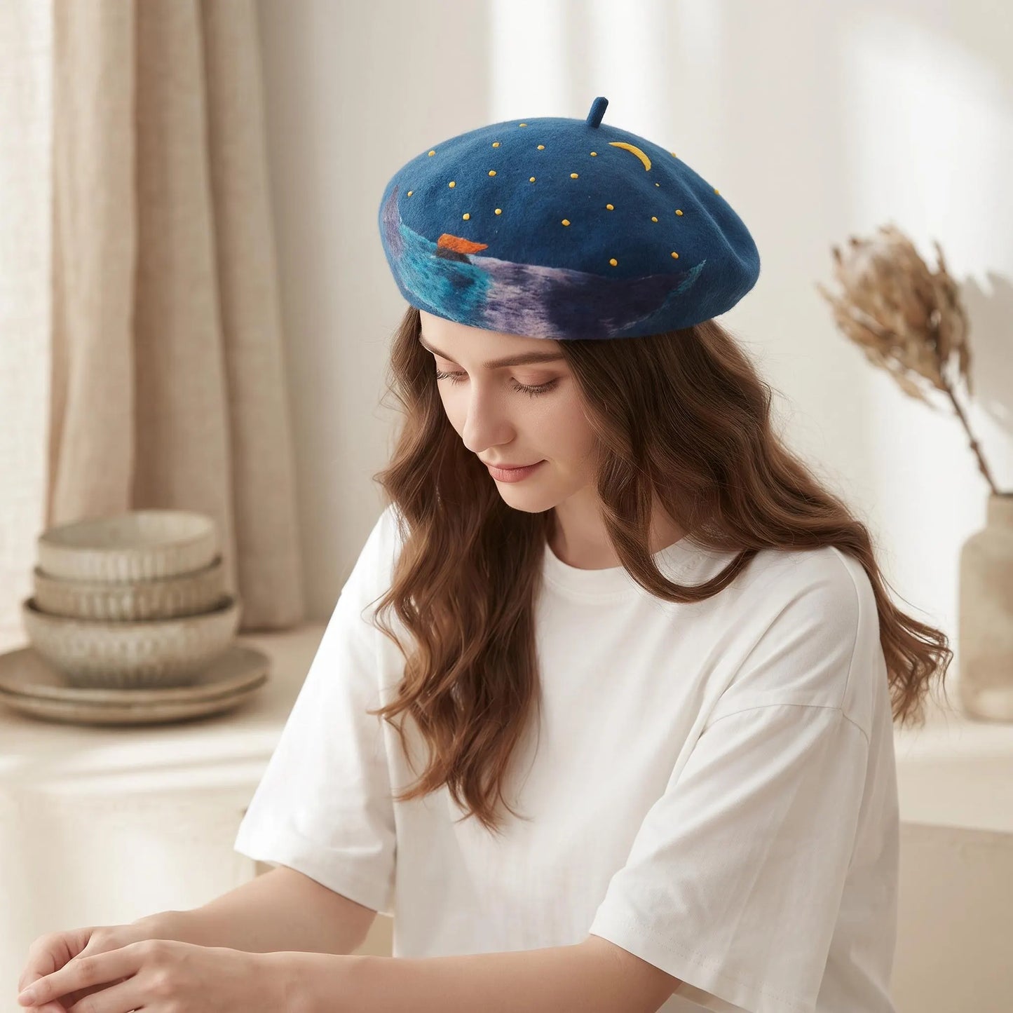 Starry Night Celestial Wool Beret – Moon, Stars & Ocean Waves Nautical Hat
