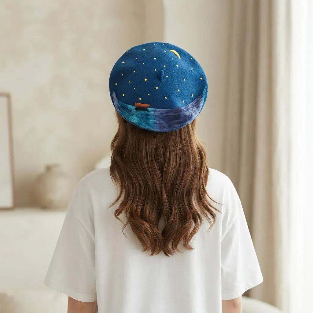 Starry Night Celestial Wool Beret – Moon, Stars & Ocean Waves Nautical Hat