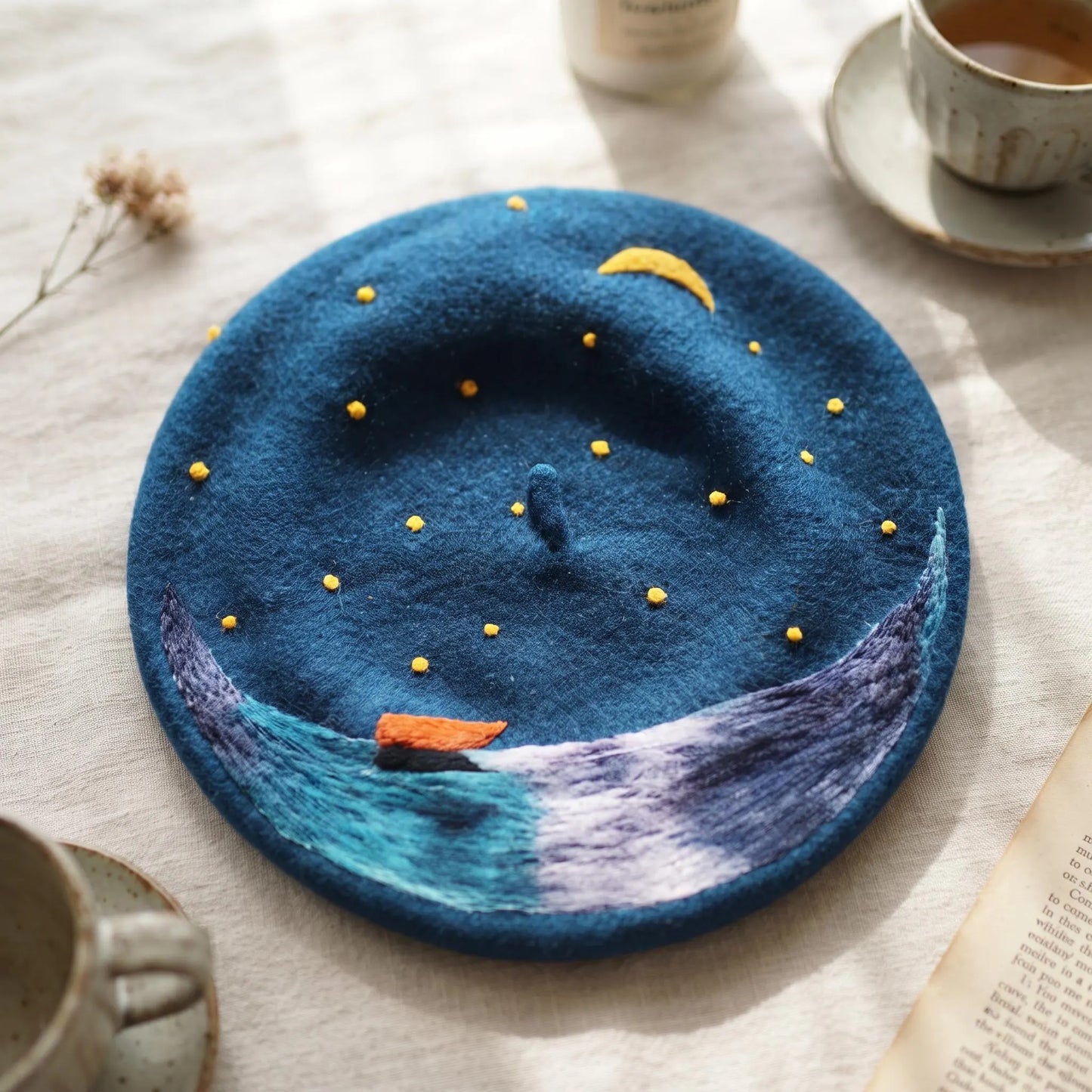 Starry Night Celestial Wool Beret – Moon, Stars & Ocean Waves Nautical Hat